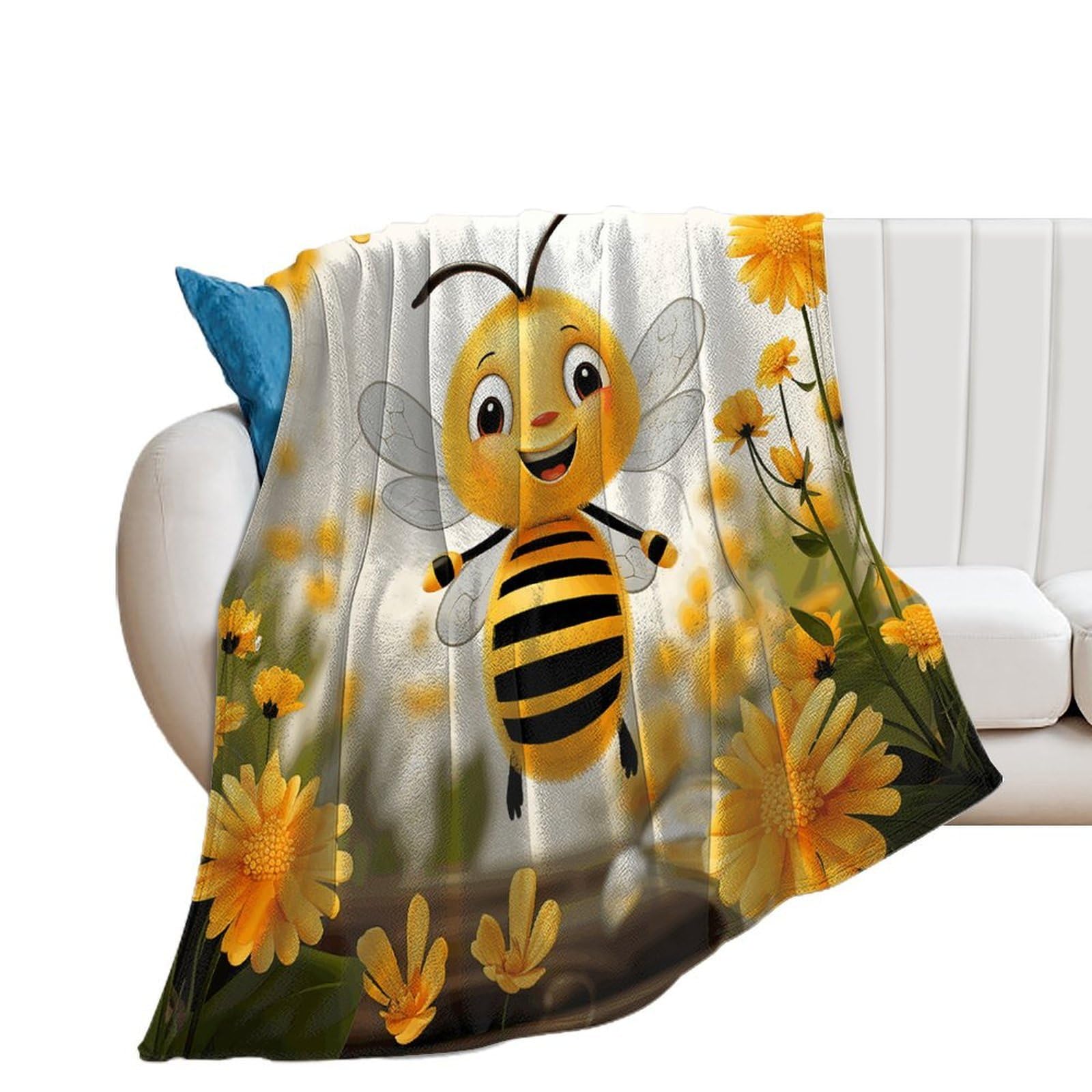 Cute Bees Daisy Flower Throw Blanket for Couch Super Soft Warm Lightweight Throw Blankets Cozy Flannel Bed Blanket Cute Decorative Blankets for All Seasons Home Decor Gift 30"*40"（76 * 100cm）