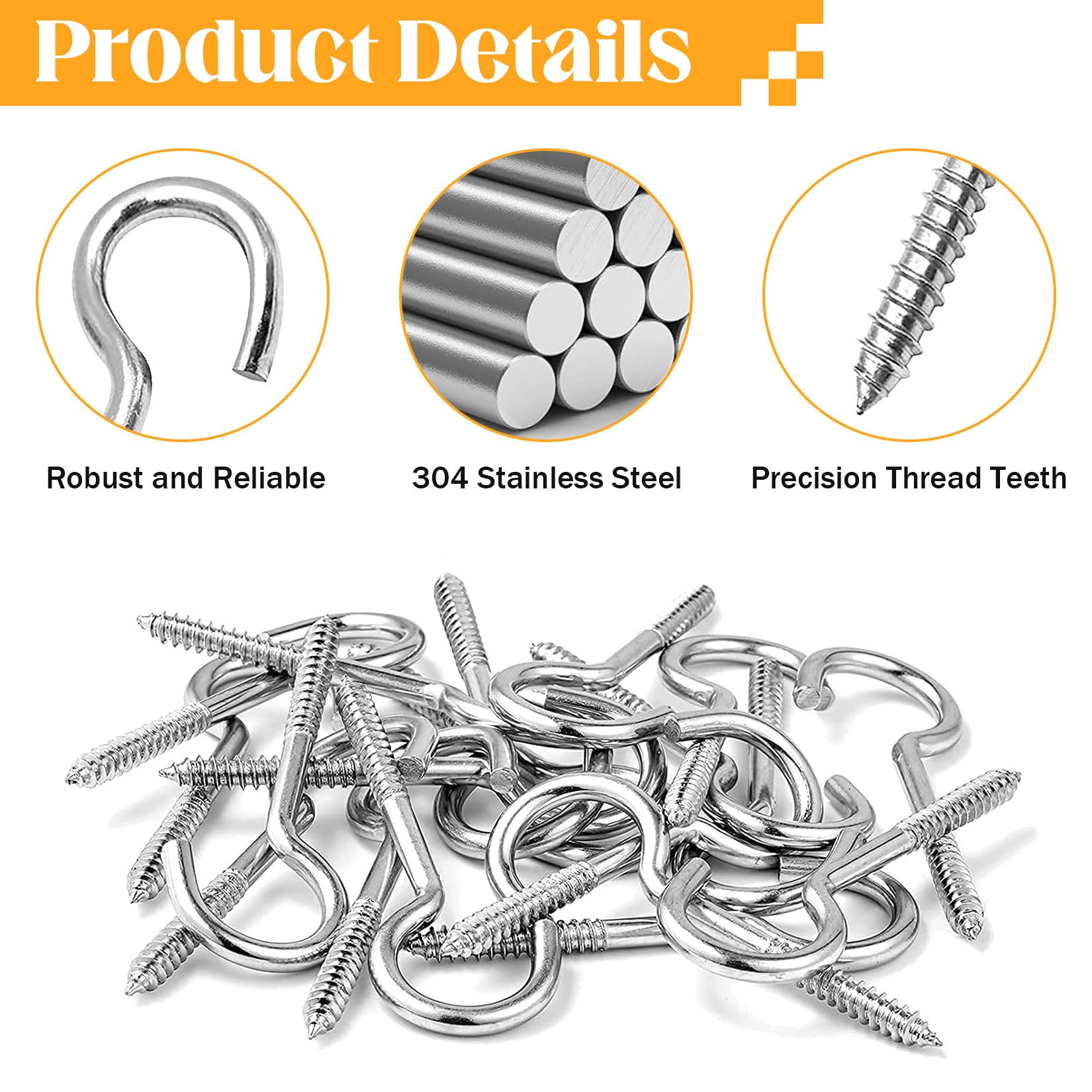 Forbabe Screw Hooks Small 304 Stainless Steel Pack of 20 Hook Screws with Thread Screw-In Hooks Ceiling Hooks Hooks for Screwing Thread Hooks M4-50 mm - Image 3
