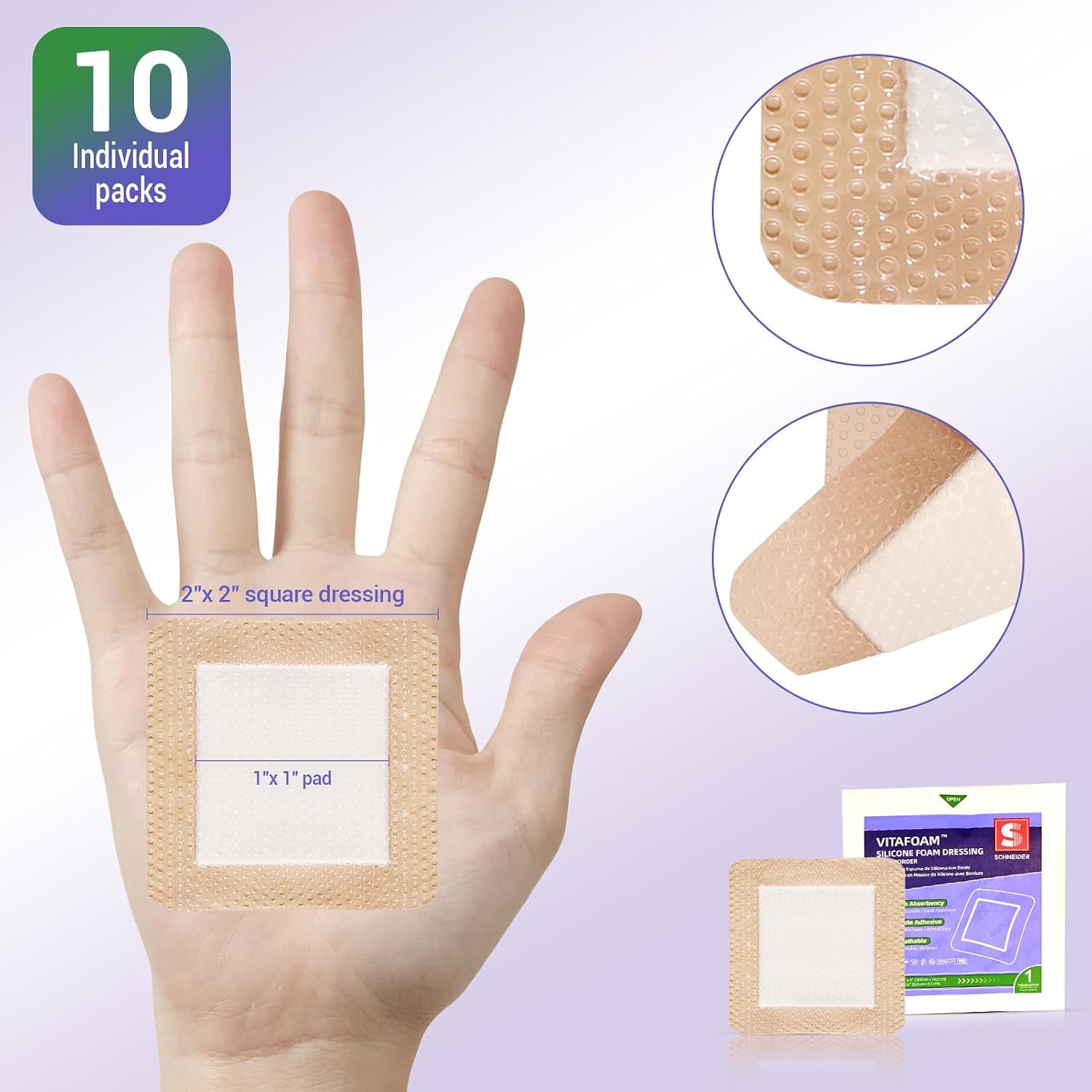 VitaFoam Silicone Foam Dressing with Border, 2" x 2", 10 Pack