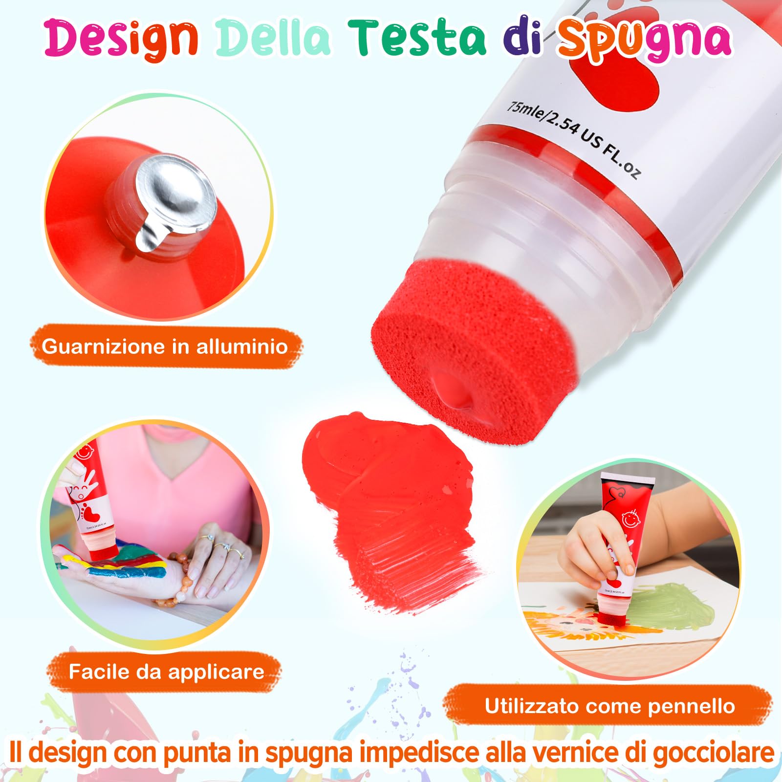 Colori a Dita per Bambini Atossici Con Testa In Spugna 8 Colori Lavabile 75 ml/tubo, Colori a Dita Adatto per i Regali di Educazione Precoce dei Bambini, Pittura Fatta a Mano