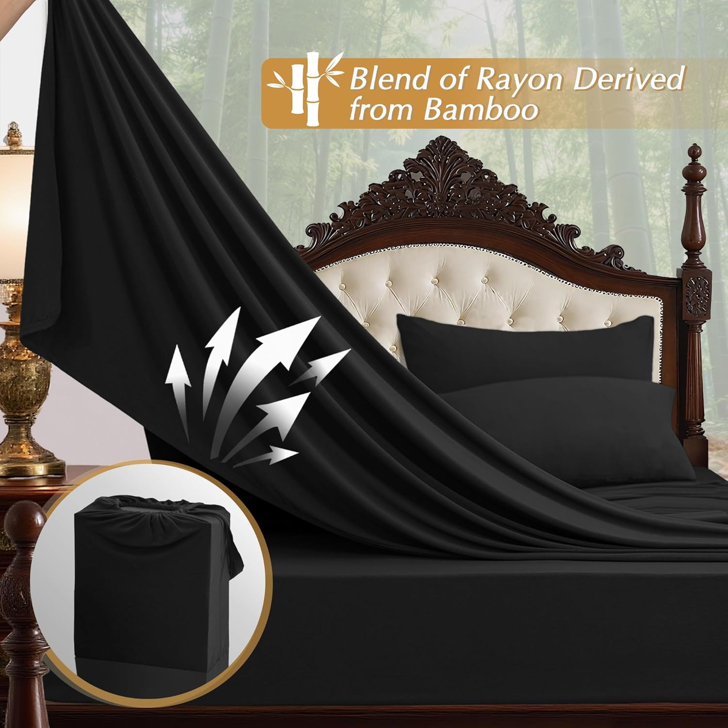 N&Y HOME StretchSnug Queen Sheets Set with Corner Straps - Blend of Rayon Derived from Bamboo, Stretchy Sheets Deep Pocket No Slip Stay on Bed, Firm & Tight, 4 Piece Sets, Charcoal, Queen