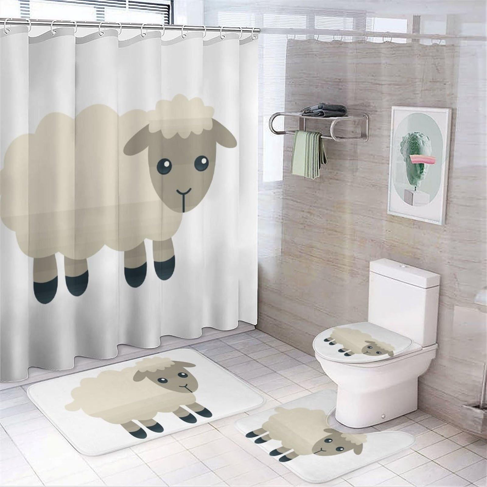 Wlntrophic Bathroom Mat Set 4 Piece, Sheep Shower Curtain with Non-Slip Bath Mats for Bathroom