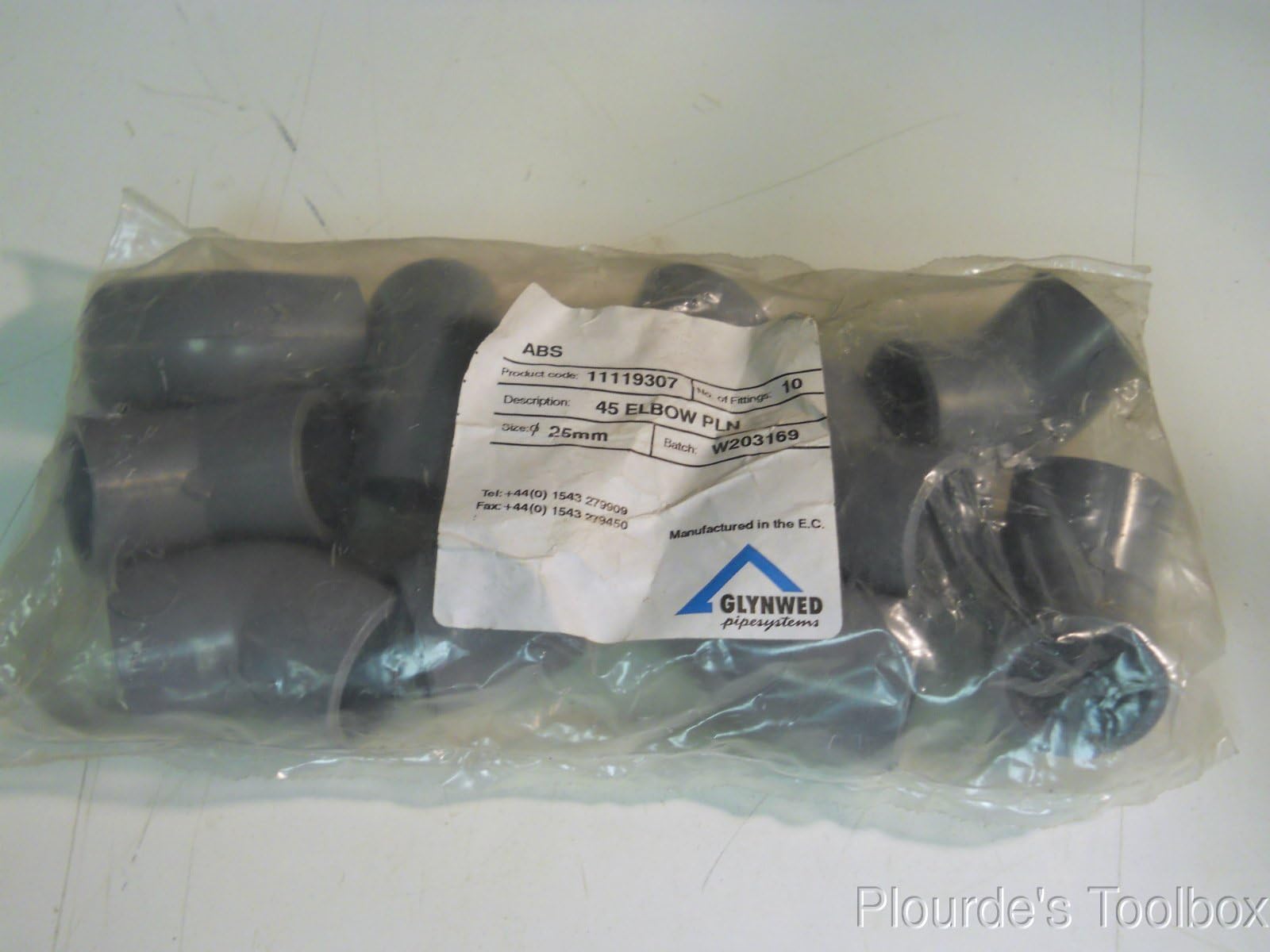 Lot of (10) New Glynwed Durapipe ABS 45° Plain 25mm Elbow Fittings, 11119307