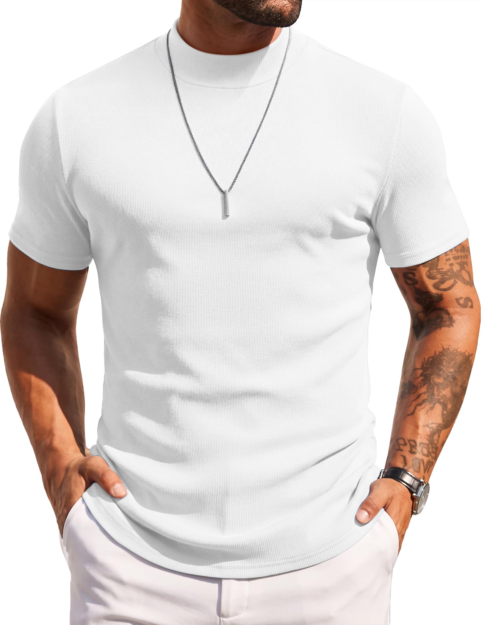 Mens Mock Turtleneck Sweater Short Sleeve Solid Color T-Shirts Basic Slim Fit Knitted Pullover Tees-image-11