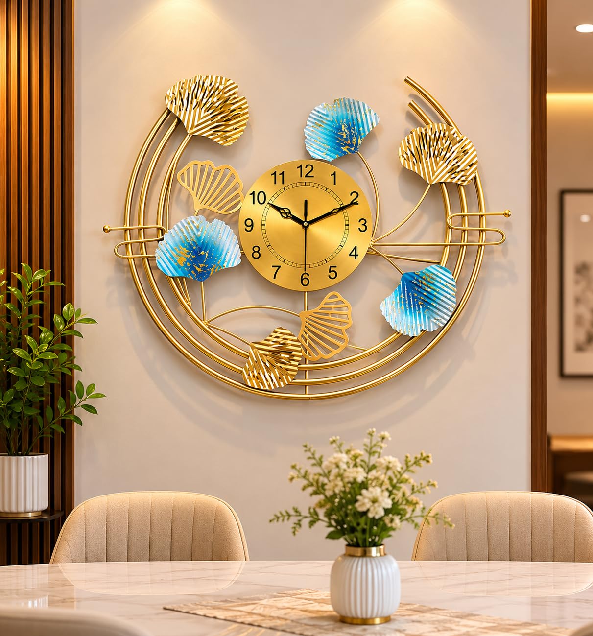 Luxury Metal Wall Clock with Ginkgo Leaf 3D Art, Gold and Blue, Designer Decorative for Living Room, Bedroom and Office-picture-23
