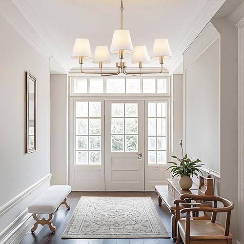 Miniatura 7 de Lámpara de araña de granja, moderna lámpara dorada para comedor con pantalla de tela blanca, 5 luces de altura ajustable, lámpara colgante