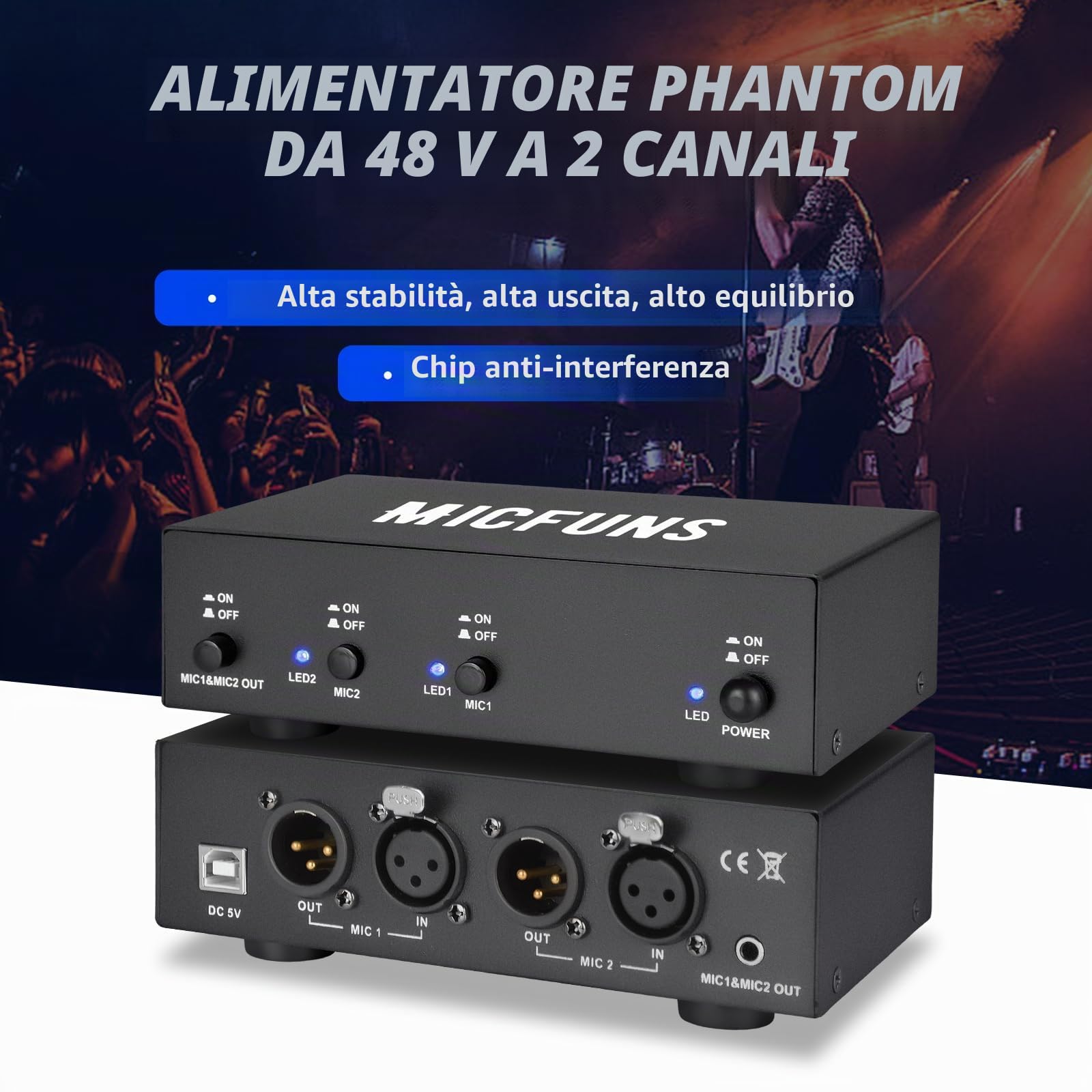 MC2 2 canali 48 V alimentazione phantom con cavo audio da 3,5 mm per il collegamento dell'interfaccia audio per microfono a condensatore, dispositivi di registrazione musicali (2 canali)
