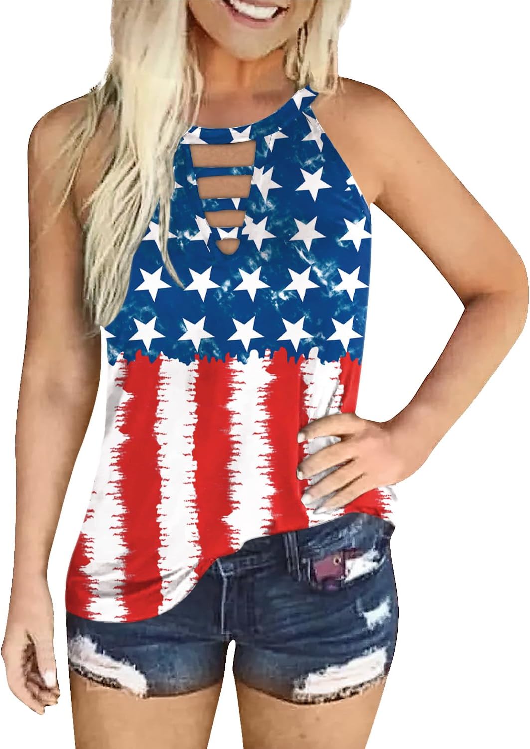 Maisolly Women's 4th of July USA Flag Independence Day Keyhole Tank Top