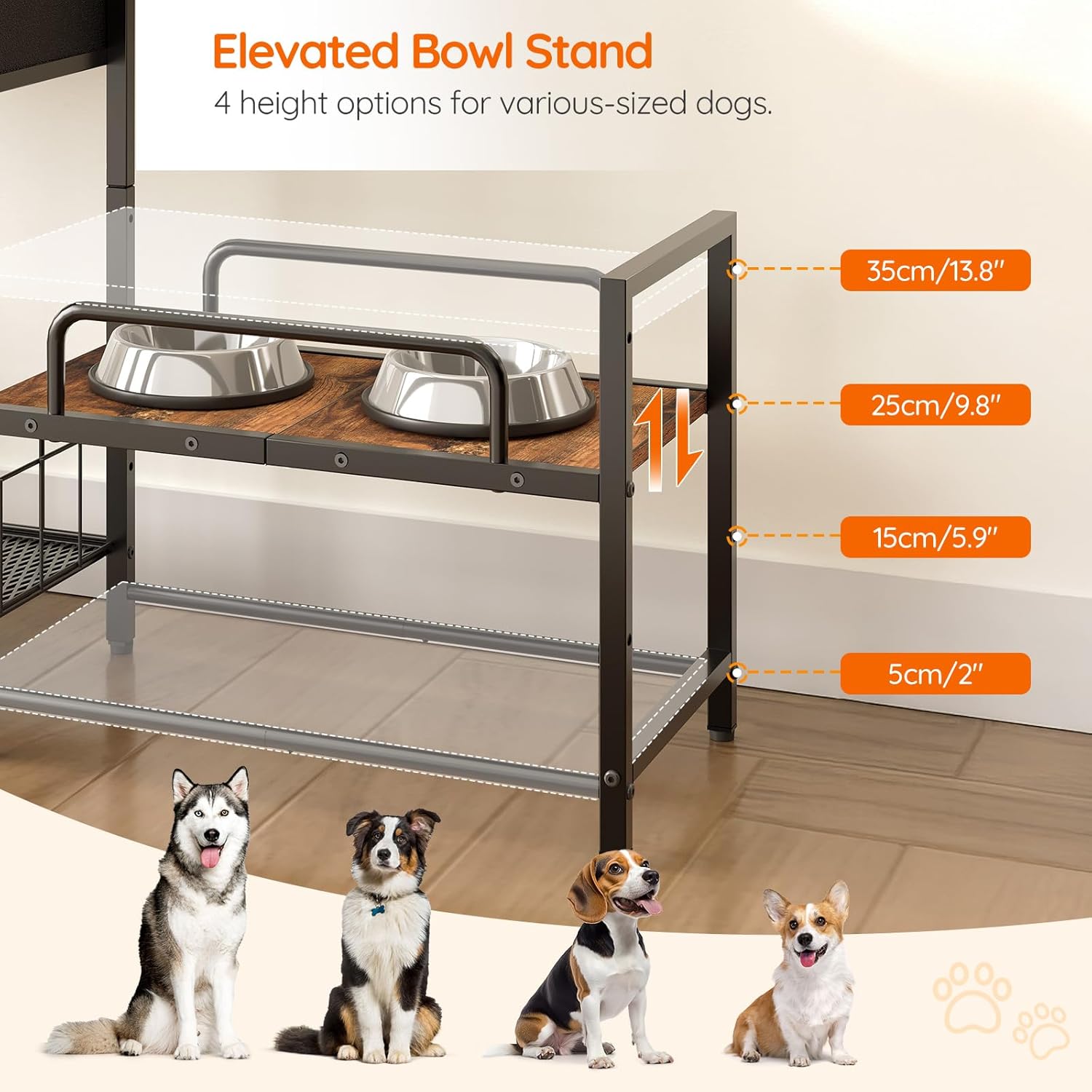 HOOBRO Raised Dog Bowl Stand with Storage, Lifted Feeding Station, Elevated Bowl Holder, 4 Adjustable Heights, for Large Medium Small Dogs, with 1 Drawer and 2 Hooks, Rustic Brown BF23PO03G1