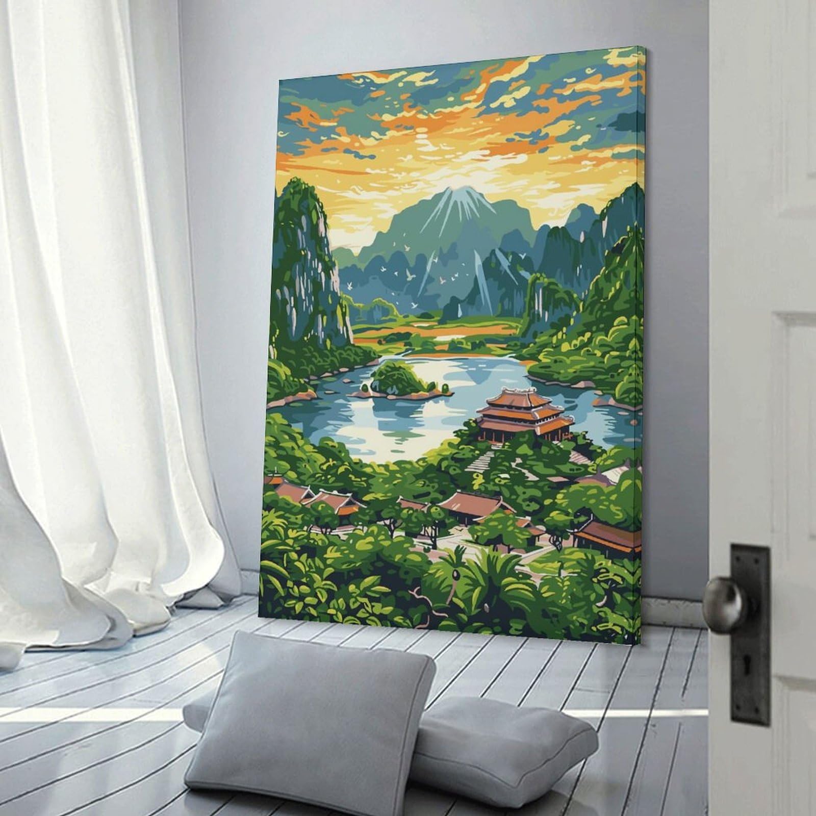 Junmoney Decorative Canvas Print Asian Landscape with Mountains And Temple, 24x36inch(60x90cm), for Living Room, Bedroom Or Home Office, Home Decor Gift with Stylish Appeal