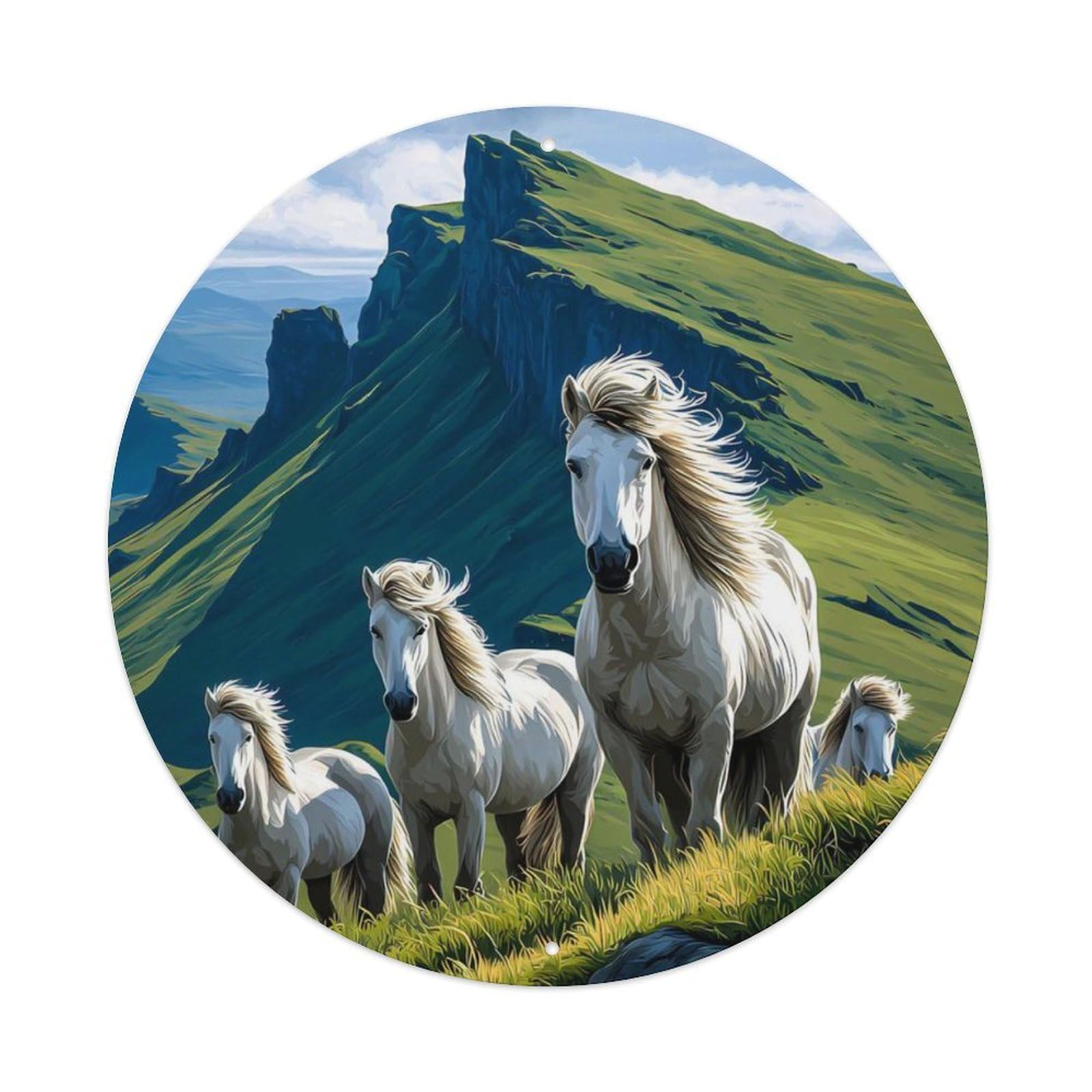 Animal White Horse Iceland Highland Scenic Nature View Vintage Metal Tin Sign Plaque Wall Decor for Cafe, Club Bar, Office, Garden Metal Poster 8x8Inch