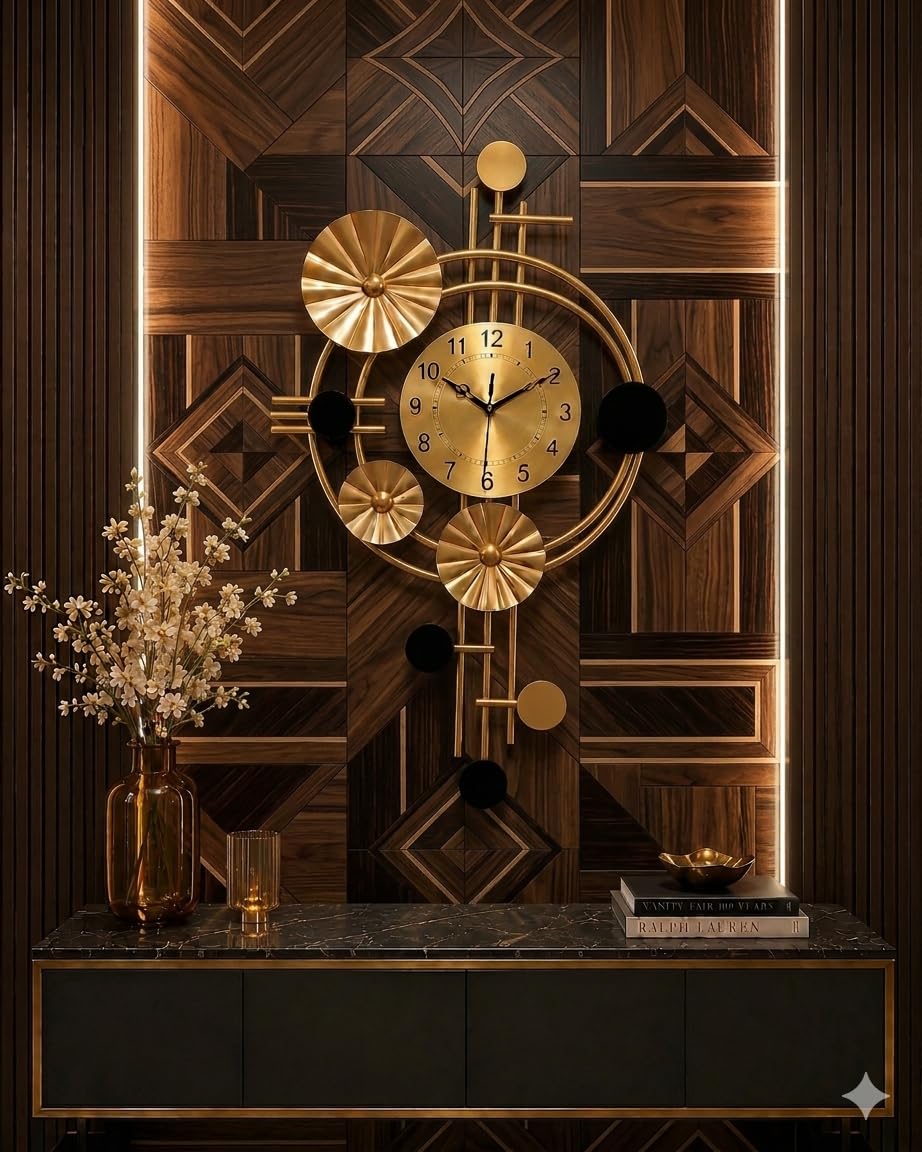Luxury Metal Wall Clock, Gold and Black, Modern Abstract Design, Silent Quartz Movement, Brushed Brass Finish-image-4