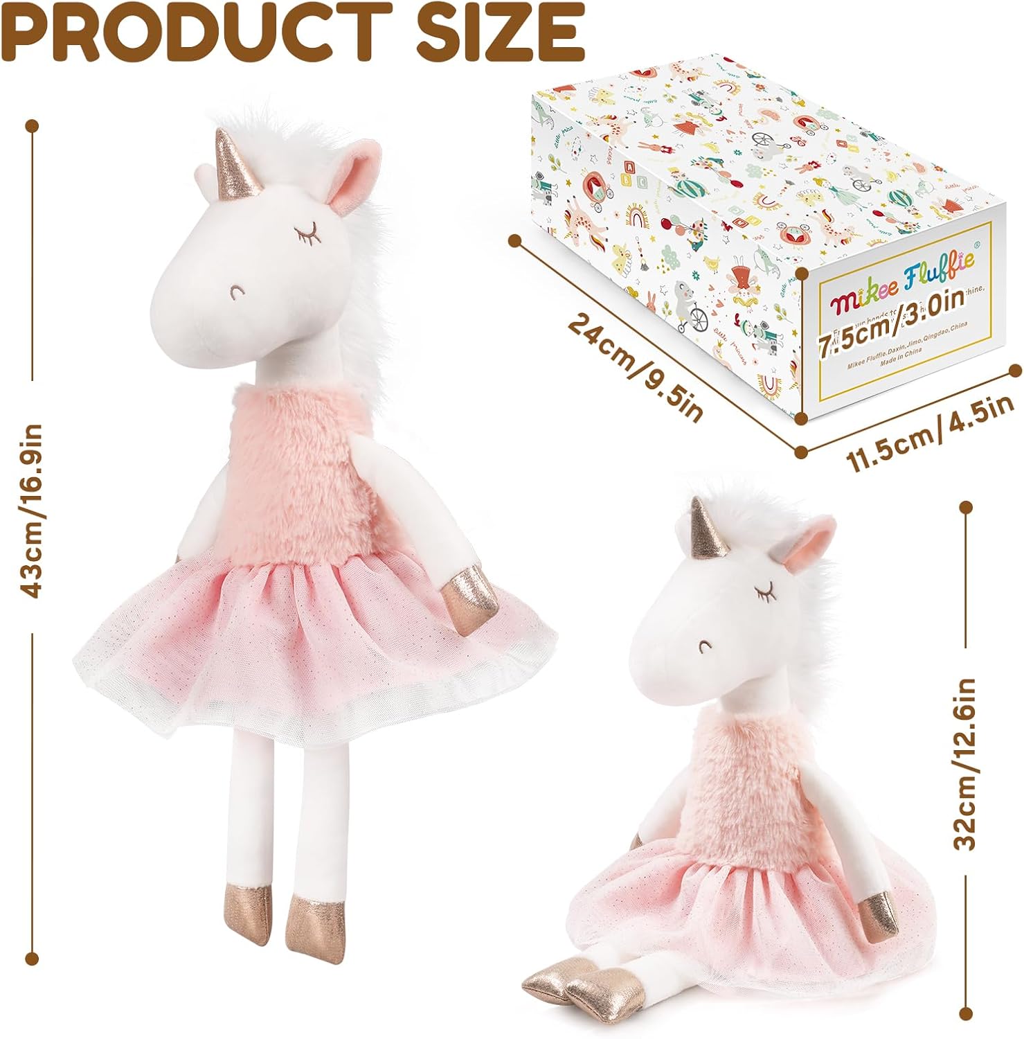 Mikkee Fluffie 15" Ballerina Unicorn Plush - Magical Stuffed Animal with Gold Horn & Hooves, Sparkling Tulle Tutu Skirt - Whimsical Keepsake Gift for Girls, Nursery Decor, Prima Ballerina Doll
