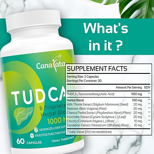Miniatura 4 de TUDCA Suplementos de apoyo hepático de 1000 mg - 60 cápsulas veganas sales biliares TUDCA con fórmula de mezcla de hierbas de cardo mariano para