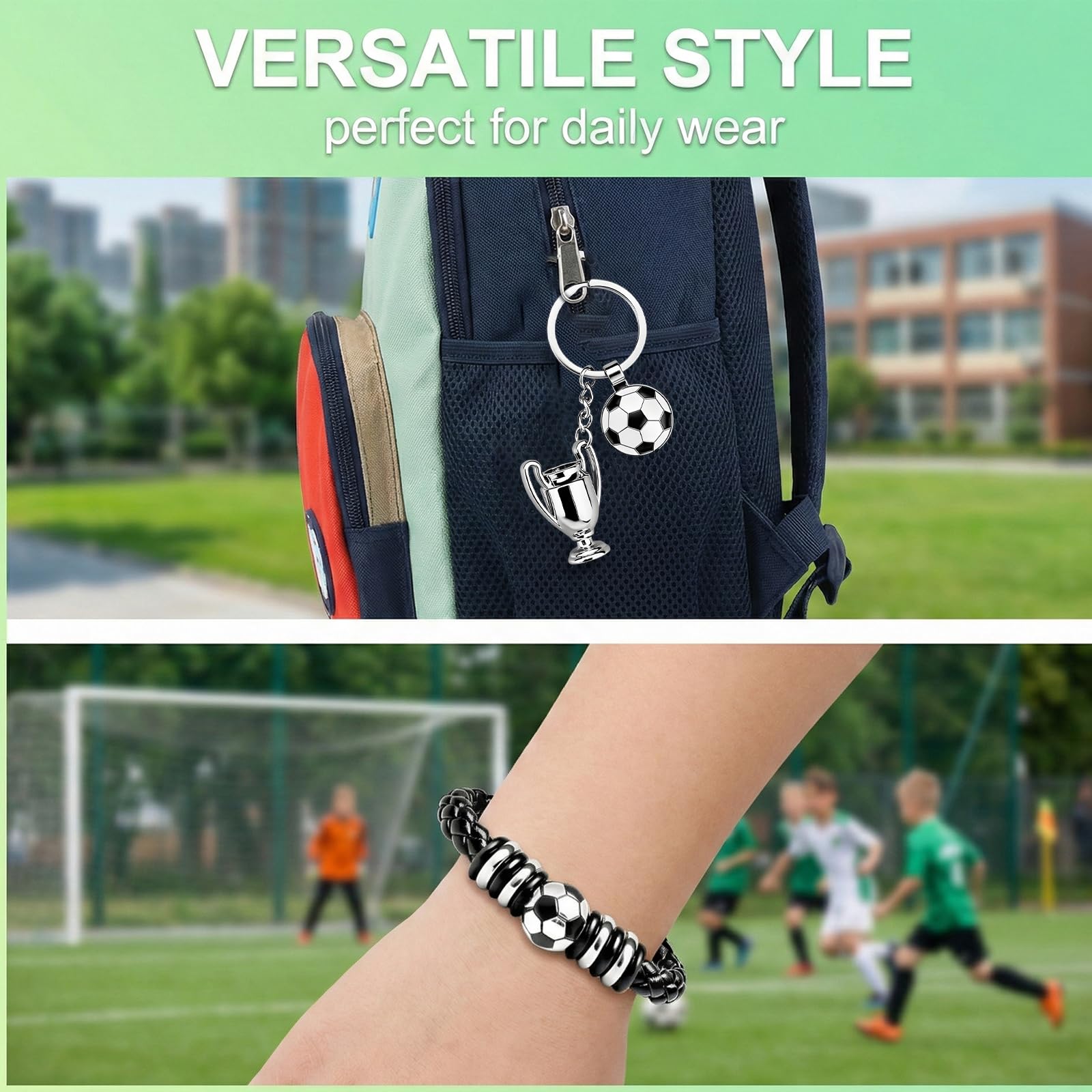 Regalos de Futbol para Fans, Set de Trofeo y Pulsera de Futbol, Pulsera de Cuero Trenzado con Cierre Magnetico, Caja de Regalo, para Cumpleanos Comunion Confirmacion Graduacion