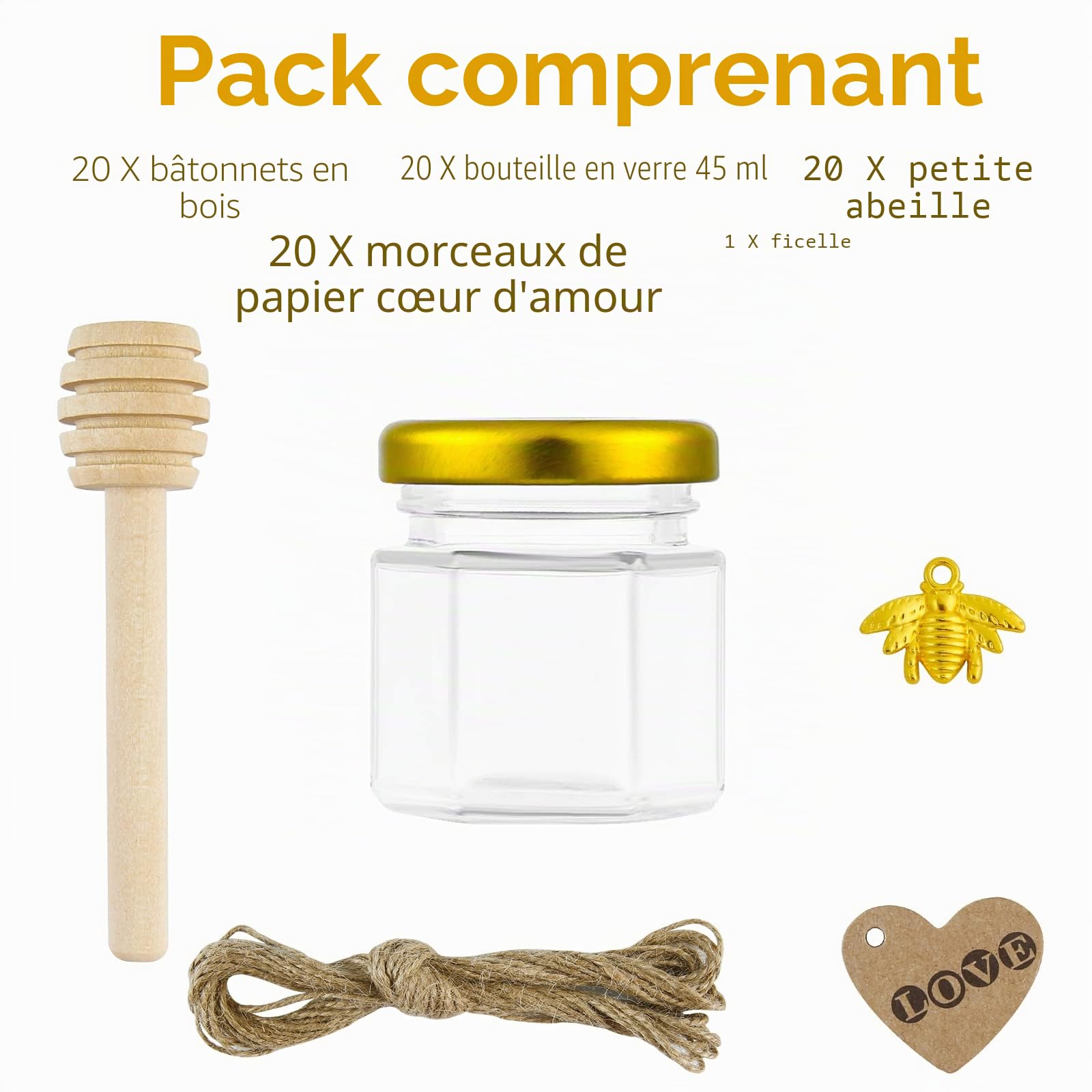 20Pcs 45ml Mini Pots à Miel en Verre Hexagonaux avec Louches en Bois, Pendentifs Abeille, Étiquettes en Papier Kraft, Jute Pots à Confiture, Parfait Babyshower, Faveurs de Mariage (20)