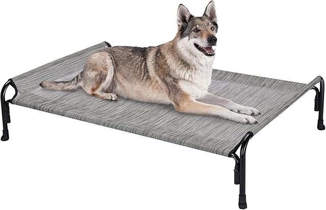 veehoo Cooling Elevated Dog Bed, Outdoor Raised Dog Cots Bed for Large Dogs, Chew Proof Standing Pet Bed with Washable Breathable Mesh, No-Slip Feet for Indoor Outdoor, Large, Black Silver