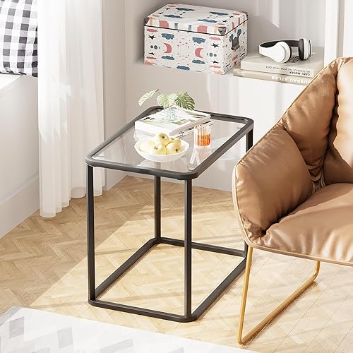 Miniatura 6 de Garden 4 you Mesa auxiliar de cristal, mesa auxiliar rectangular con marco de metal, moderna mesita de noche para oficina, dormitorio, sala de