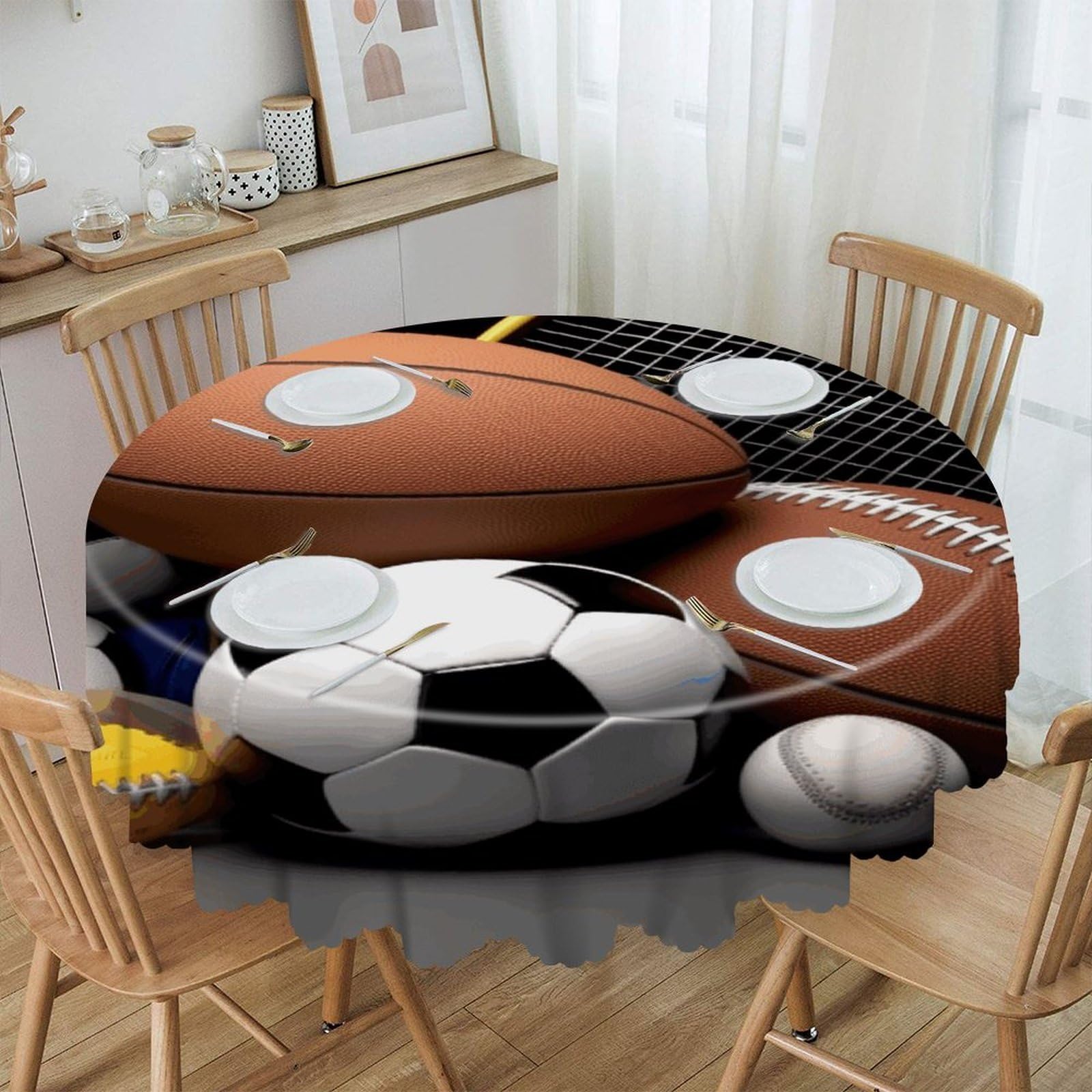 FekiLoot Sports Themed Round Tablecloth 60 Inch Waterproof Heavy Duty Table Cloth Spillproof Washable Table Cover Wrinkle Resistant Tablecloths Decorative Table Cloths