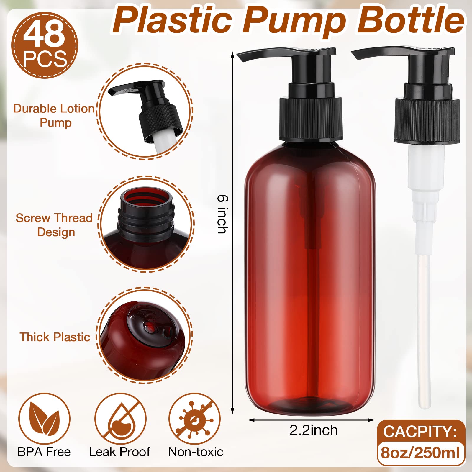 Lot de 48 flacons à Pompe en Plastique Rechargeables de 237 ML pour shampooing et après-shampooing, Savon pour Les Mains, Bouteilles vides Portables avec Pompes pour Gel Douche (Marron, Noir)