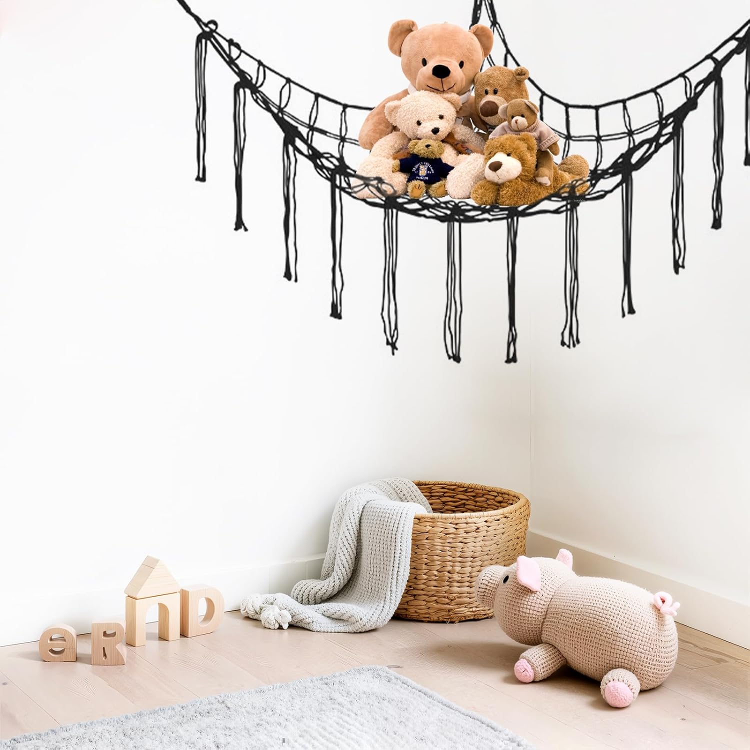 Stuffed Animal Hammock Corner, 59 Inch Large Toy Storage Net for Bedroom Decor, Cotton Rope Corner Net Black