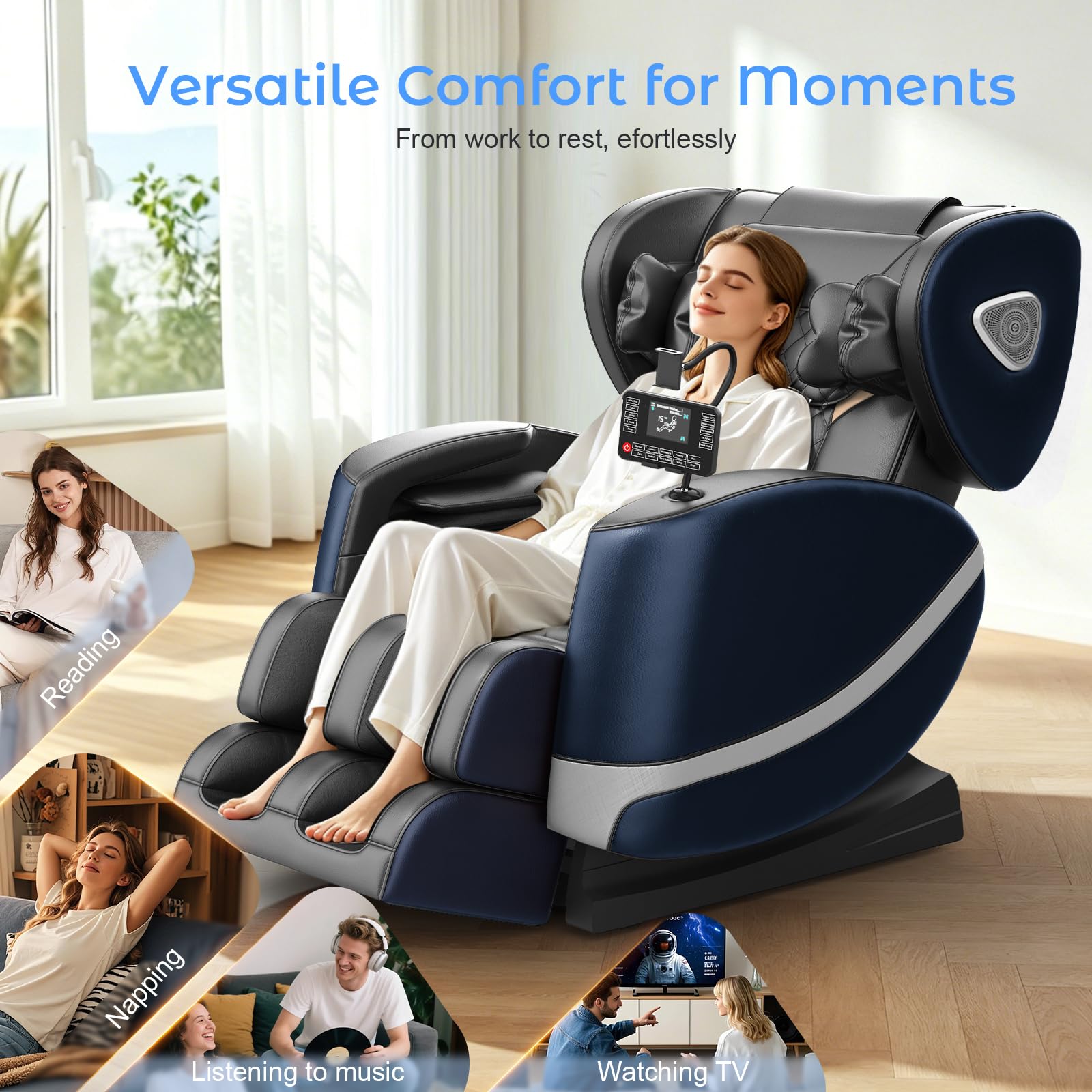 Poltrona Massaggiante per Tutto il Corpo con Rulli e Airbag, Funzione Zero Gravity, Altoparlanti Bluetooth e Touchscreen, Funzione Riscaldante per Vita e Gambe, con Massaggio Plantare (Blu + Grigio)
