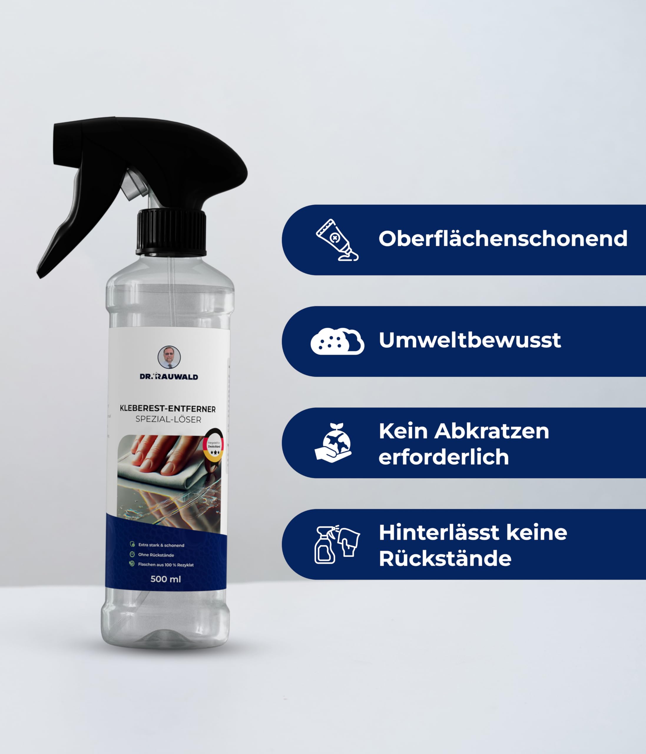 Dr. Rauwald Kleberestentferner – Aufkleber- & Etikettenentferner für Haushalt, Büro & Werkstatt – Entfernt Sekundenkleber – Deutsches Familienunternehmen – inkl. weißem Tuch – 500 ml | Inklusive Reinigungstuch. Löst Sekundenkleber & Anti-Rutsch-Noppen. Mi