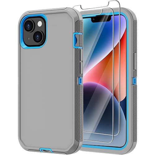 for iPhone 14 Case with 2 Screen Protector,Heavy Duty Shockproof Dustproof Drop Protection 3-Layer Full Body Rugged Military Protective Tough Durable Cover for Apple iPhone 14 6.1"(Gray/Blue)
