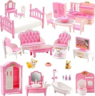 36Pcs Dollhouse Furniture Sets,Miniature 1:12 Scale Doll House Accessories and Furniture with Cat,Dog,Kitchen, Dining Room, Living Room,Bedroom for Playhouse Toy(Pink)