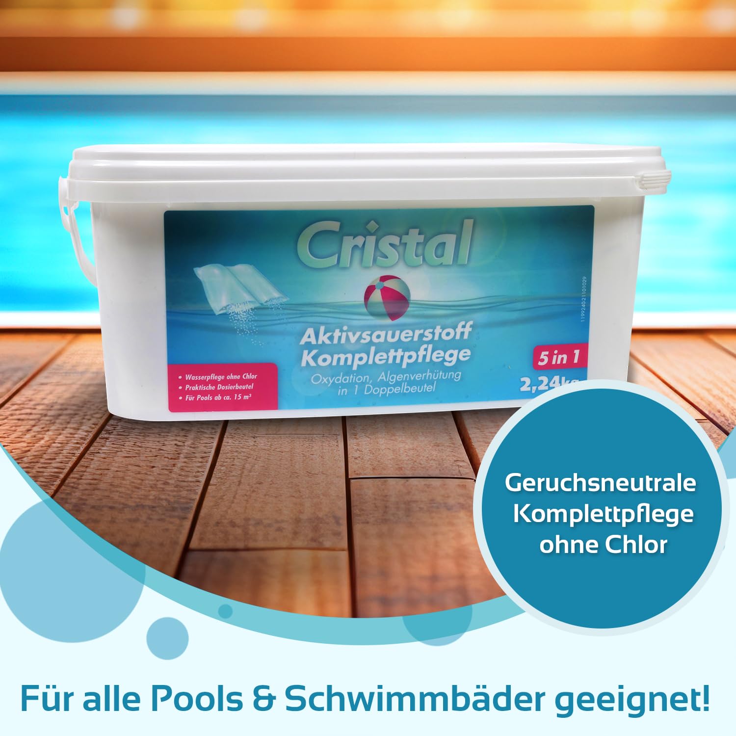 Cristal Aktivsauerstoff Komplettpflege 2.24 Kg ohne Chlor für Pools und Whirlpools - Hautfreundlich pH-neutral Chlorfrei Desinfektion Algenverhütung