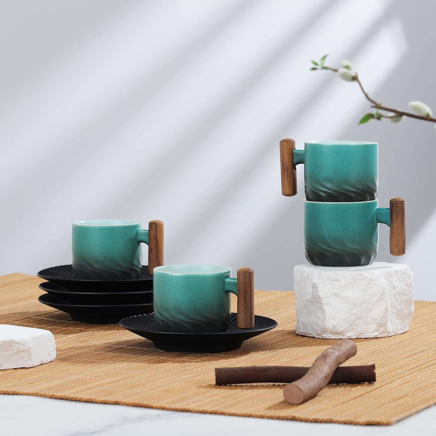 fanquare Handheld Small Ceramic Cups and Saucers 8Pcs Tea Cup Set, Blue Milk Coffee Cup with Wood Handle for Adults, Mini Porcelain Mugs for Sip and Taste, 2.5OZ
