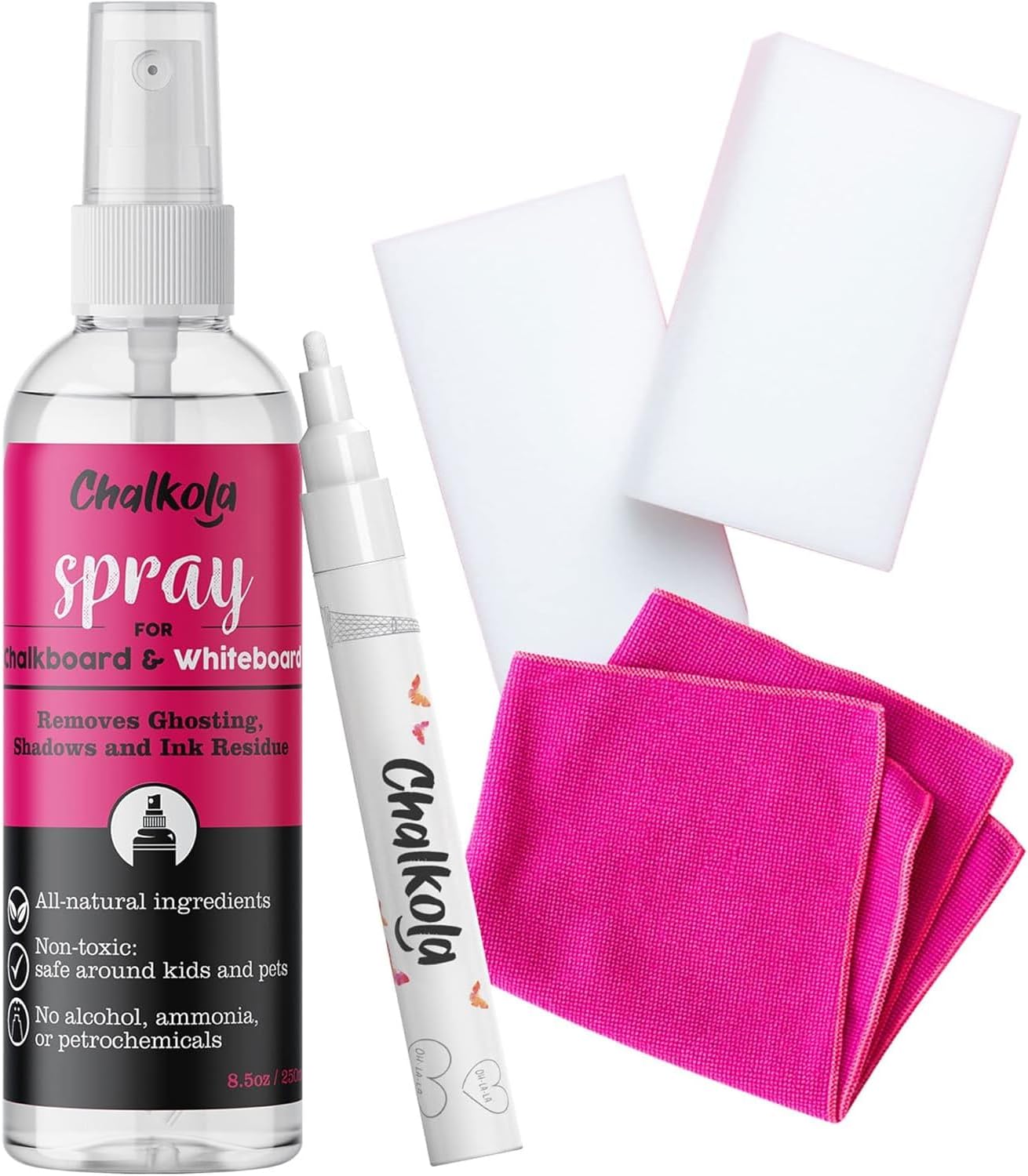 Chalkola Natural Chalkboard Cleaner Spray & Eraser Kit for Liquid Chalk Markers - Suitable for Whiteboard, Blackboard and Dry Erase Boards - Comes with White Chalk Pen