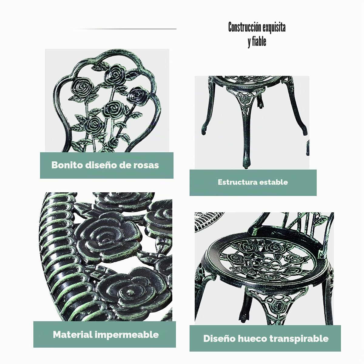 GOPLUS Conjunto de Mesa y 2 Sillas de Aluminio Exteriores para Todo Tipo de Clima con Agujero para Sombrilla, Juego de Muebles para Jardín (Rosa Verde Antigua)
