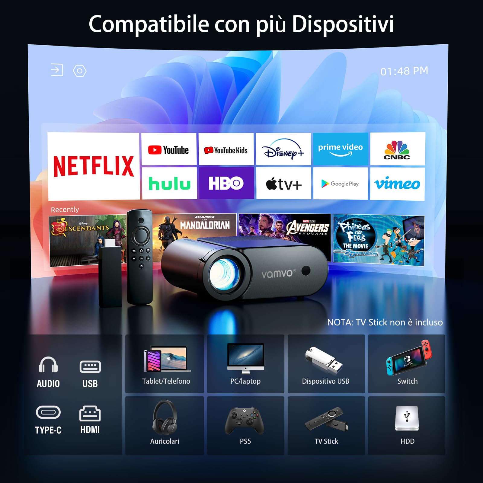 Vamvo Proiettore portatile, Videoproiettore WiFi 1080P 200” Movie Projector, Proiettore all'aperto con design elegante e snello, compatibile con telefono/tablet/laptop/TV Stick