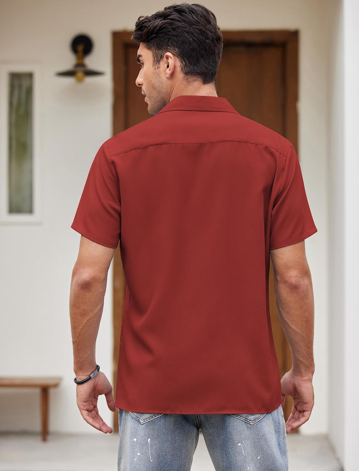 COOFANDY Men's Retro Bowling Shirts Casual Button Down Shirts Beach Wear Clothing Wine Red White - Image 4