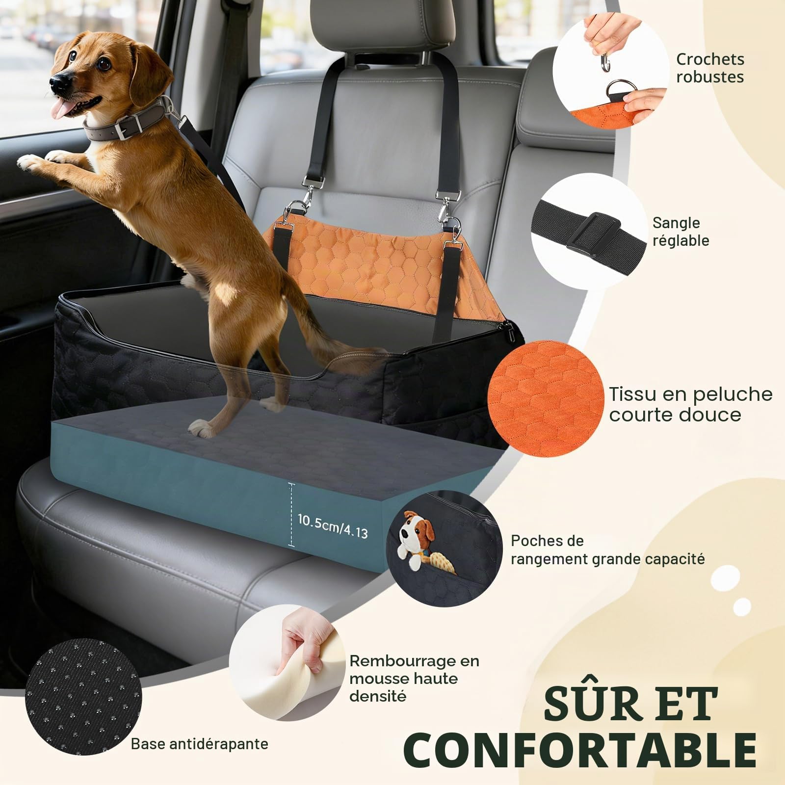 Siège Auto Grand Chien,Rehausseur Amovible et Lavable avec Housse en Cuir Imperméable, pour Chiens de Moyenne et Grande Taille Laisse Incluse, Panier Chien Voiture Plus Lourds78x55x53CM(Brunâtre Noir