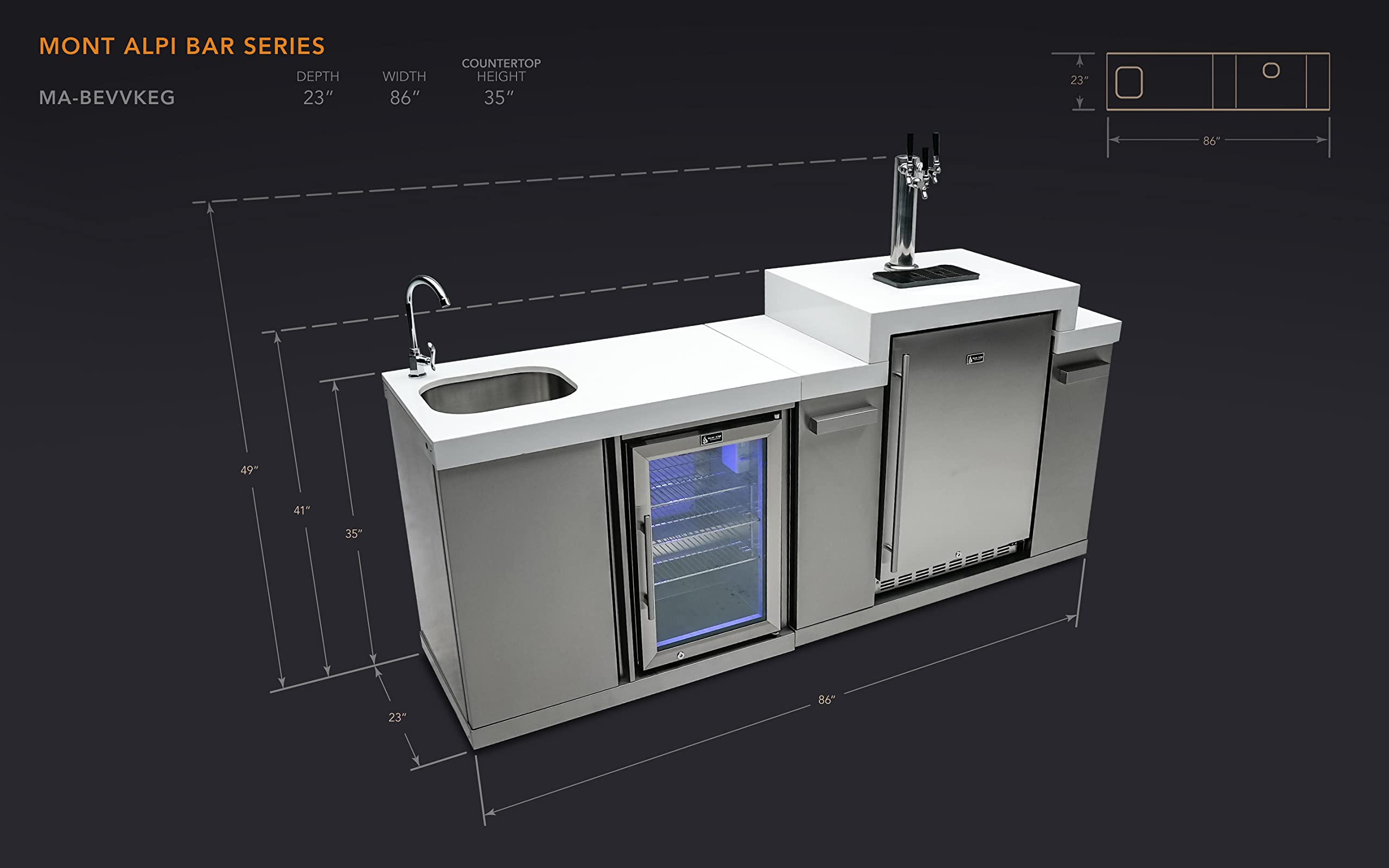 Mont Alpi Bar Series MA-BEVKEG Stainless Steel Outdoor Rated 3 Beer Tap Kegerator Keg Center Dispenser + Beverage Center with Compact Refrigerator + Granite Countertops on Fridge.com