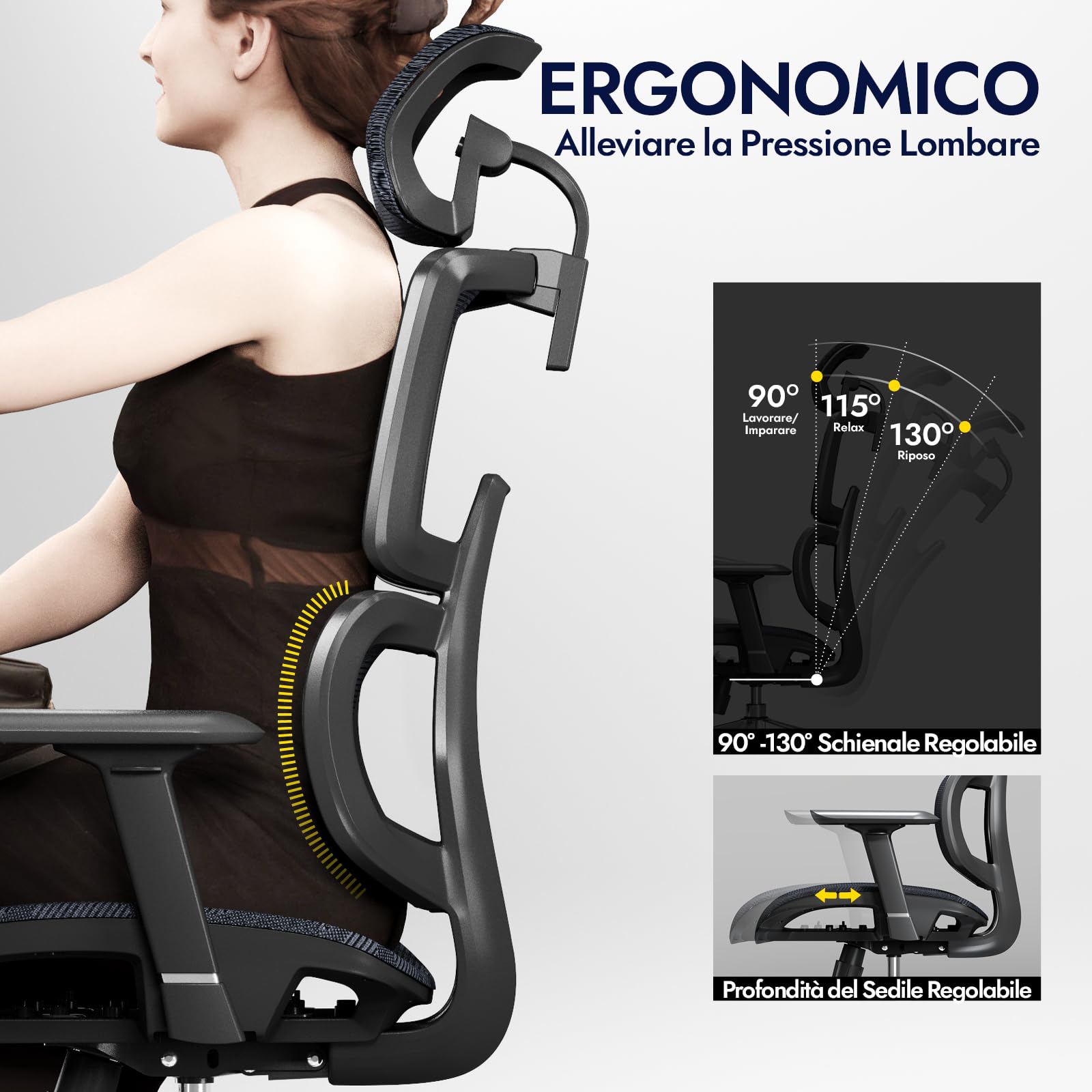 TONFARY Sedia da Ufficio Ergonomica, Sedia da Scrivania ALL-Mesh Supporto Lombare, Sedia da Gioco Inclinabile, Braccioli 3D Regolabili e Poggiatesta, Grande e Alta Sedia Girevole del Computer, 150KG