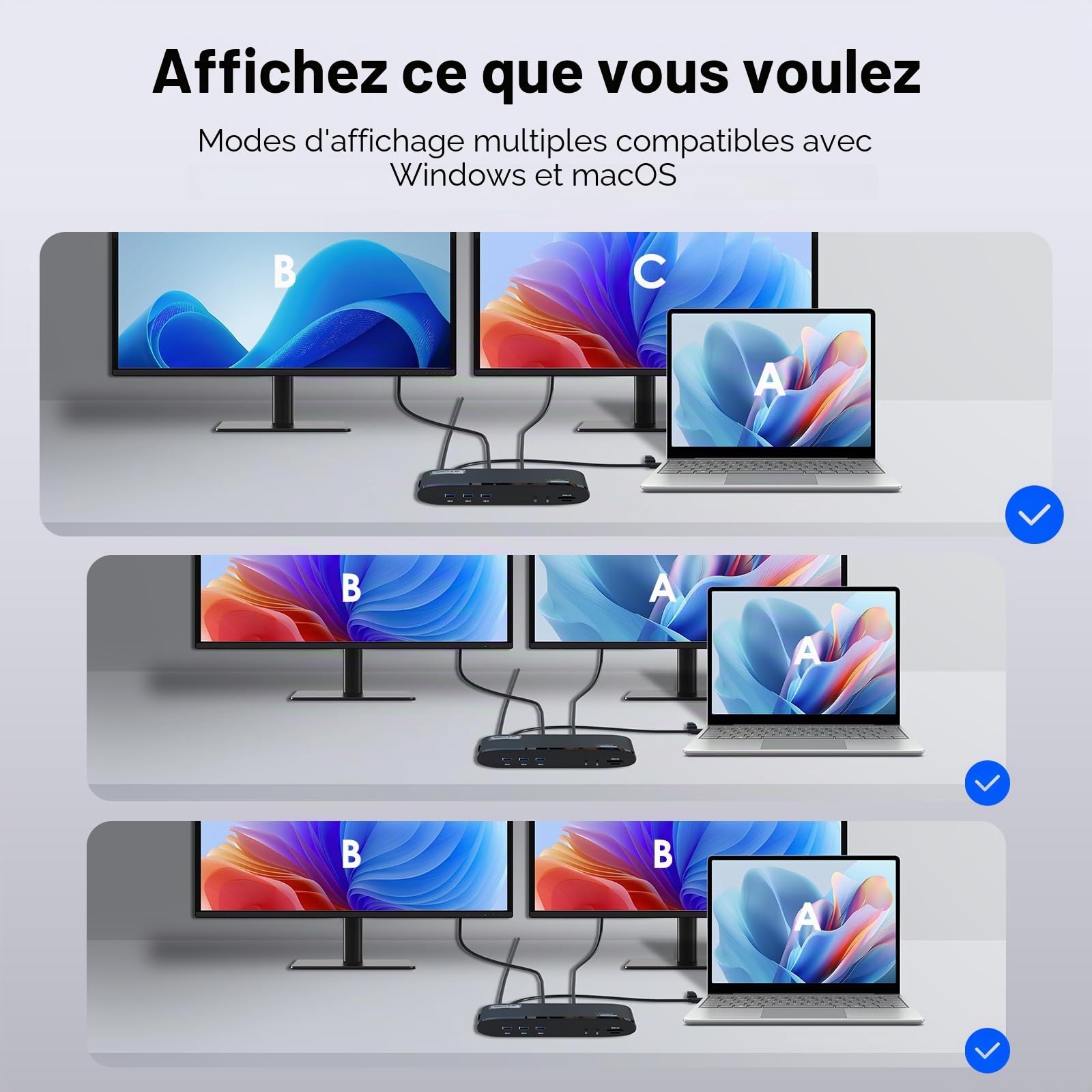 WAVLINK DisplayLink Station d'accueil double moniteur pour Mac M1/M2/M3/M4 & Windows, 14 en 1 avec 100 W 2 DP/2 HDMI 4K, SD/TF, 5 ports USB, Ethernet, audio