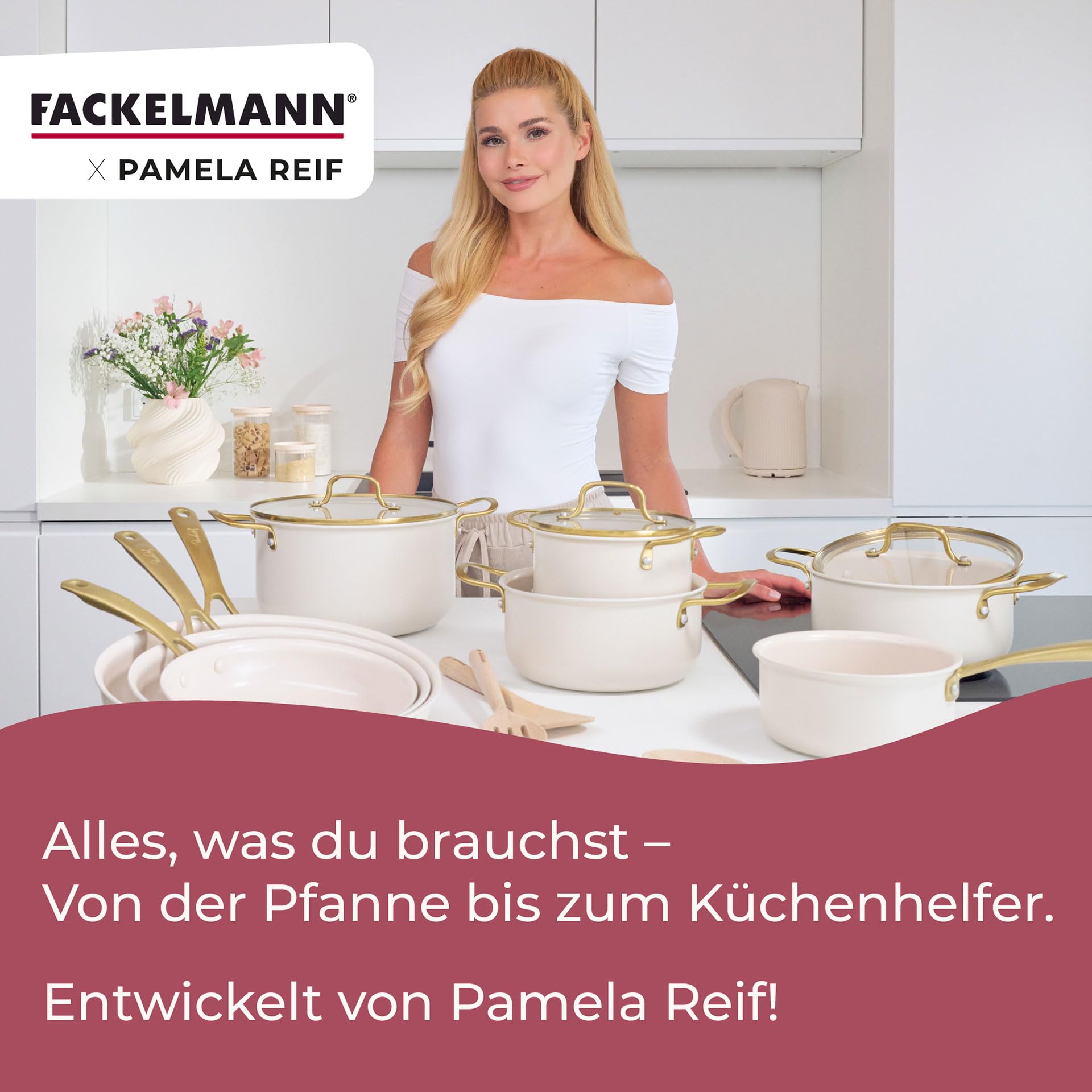 Fackelmann x Pamela Reif Kochtopf-Set 9-tlg. – Recyceltes Aluminium, Pastell Beige, inkl. Glasdeckel, PFAS-freie Keramikbeschichtung, Induktionsgeeignet