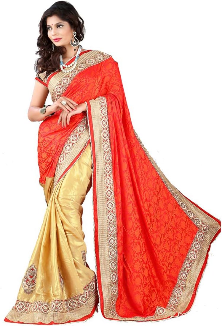 Women's Jacqurd Designer Indian Wedding Event Ethnic Part Wear Sari Free Size Red, Golden