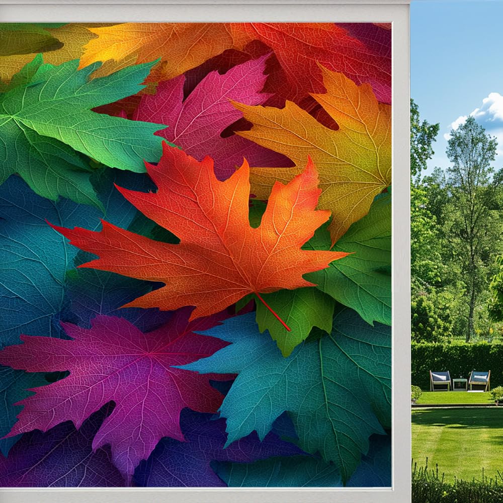 Pmlbaous Natural Maple Leaf Stained Glass Window Film, Colorful Autumn Leaves Peel And Stick Privacy Film, Frosted Adhesive Vinyl Decorative For Bathroom Windows Glass Doors, （45X60cm）