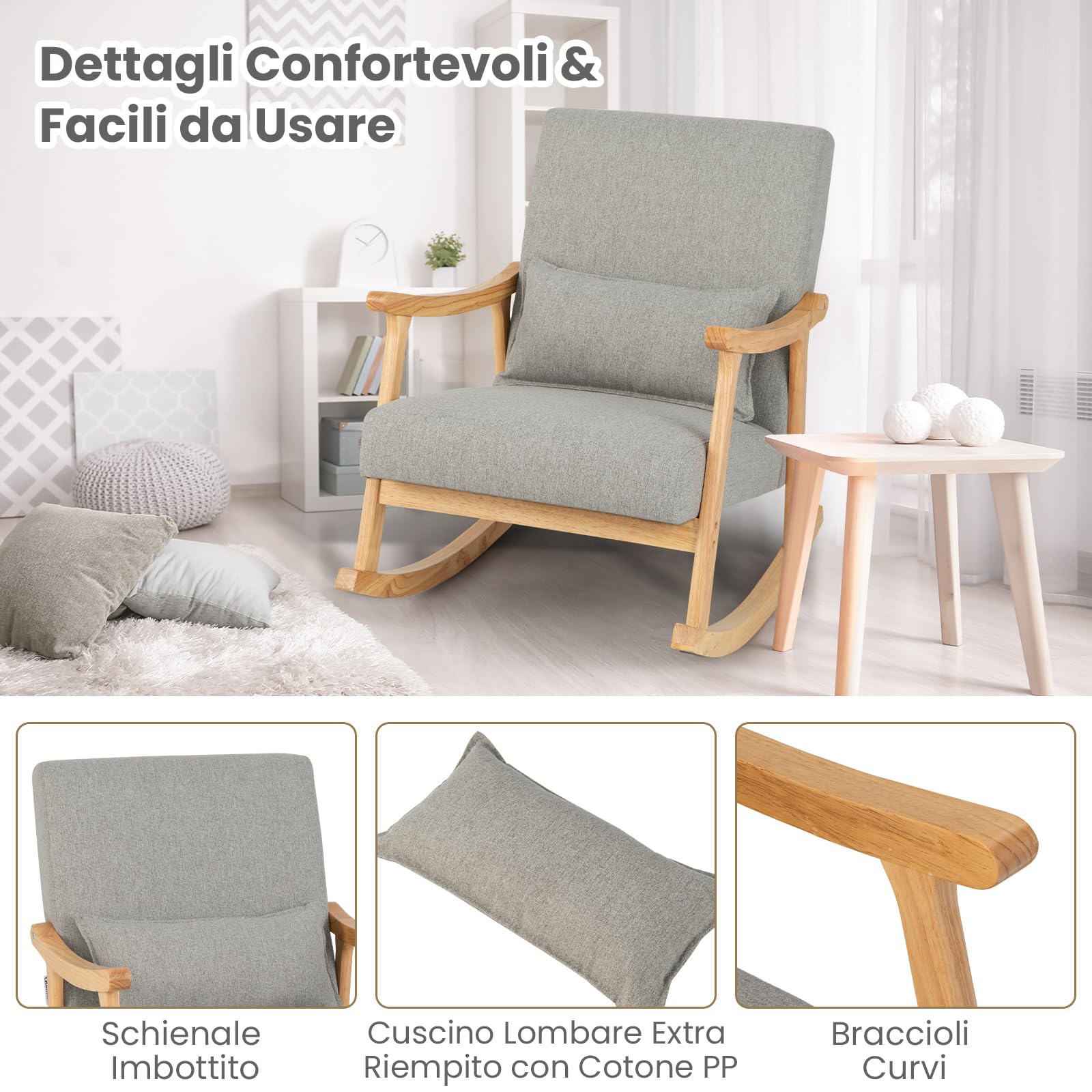 COSTWAY Sedia a Dondolo con Cuscino, Poltrona Dondolo Interno Ergonomica con Schienale Alto, Seduta Imbottito, in Legno di Gomma, per Soggiorno e Camera da Letto (Grigio)