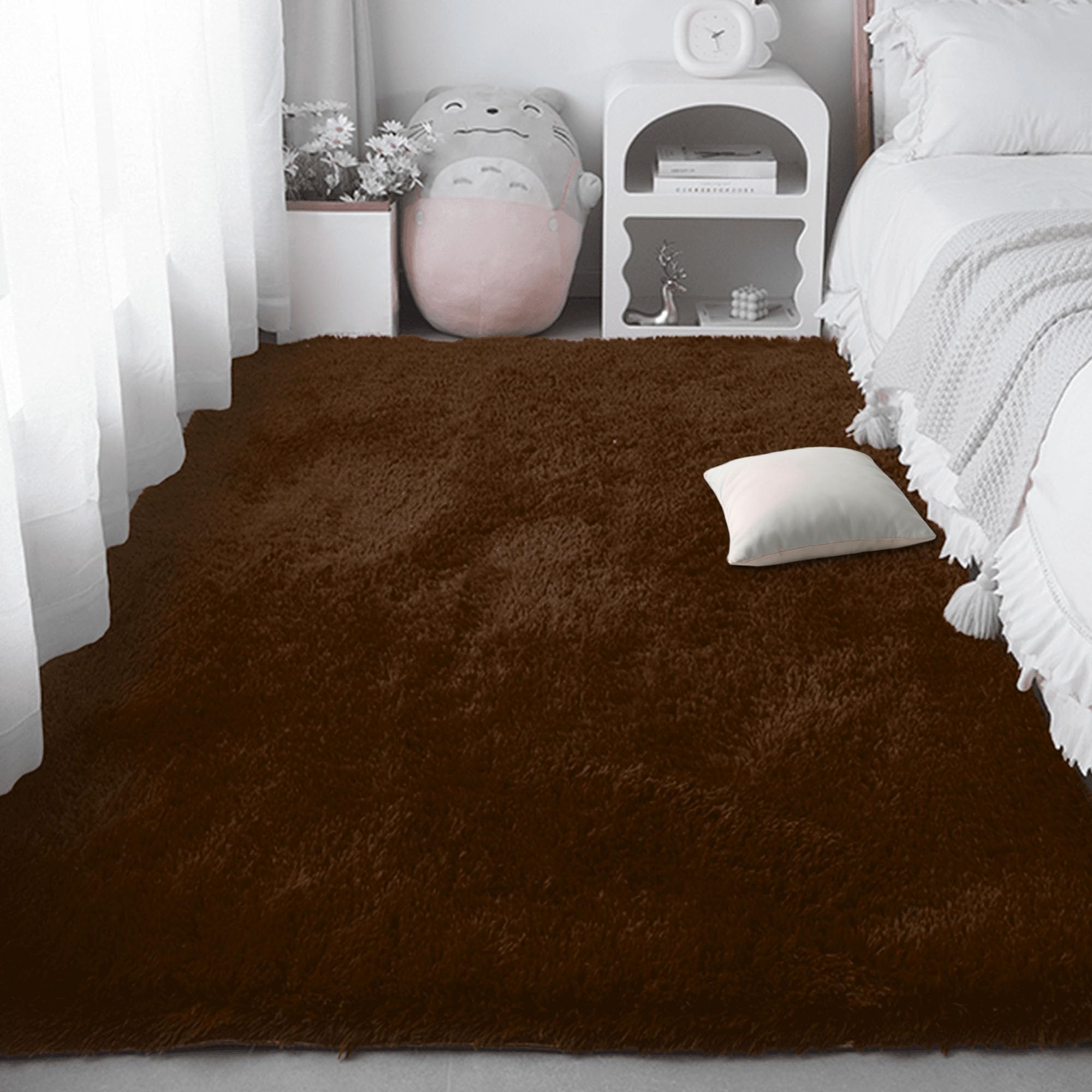 Grand tapis de salon 220 x 340 cm lavable et extra large en tissu marron moderne