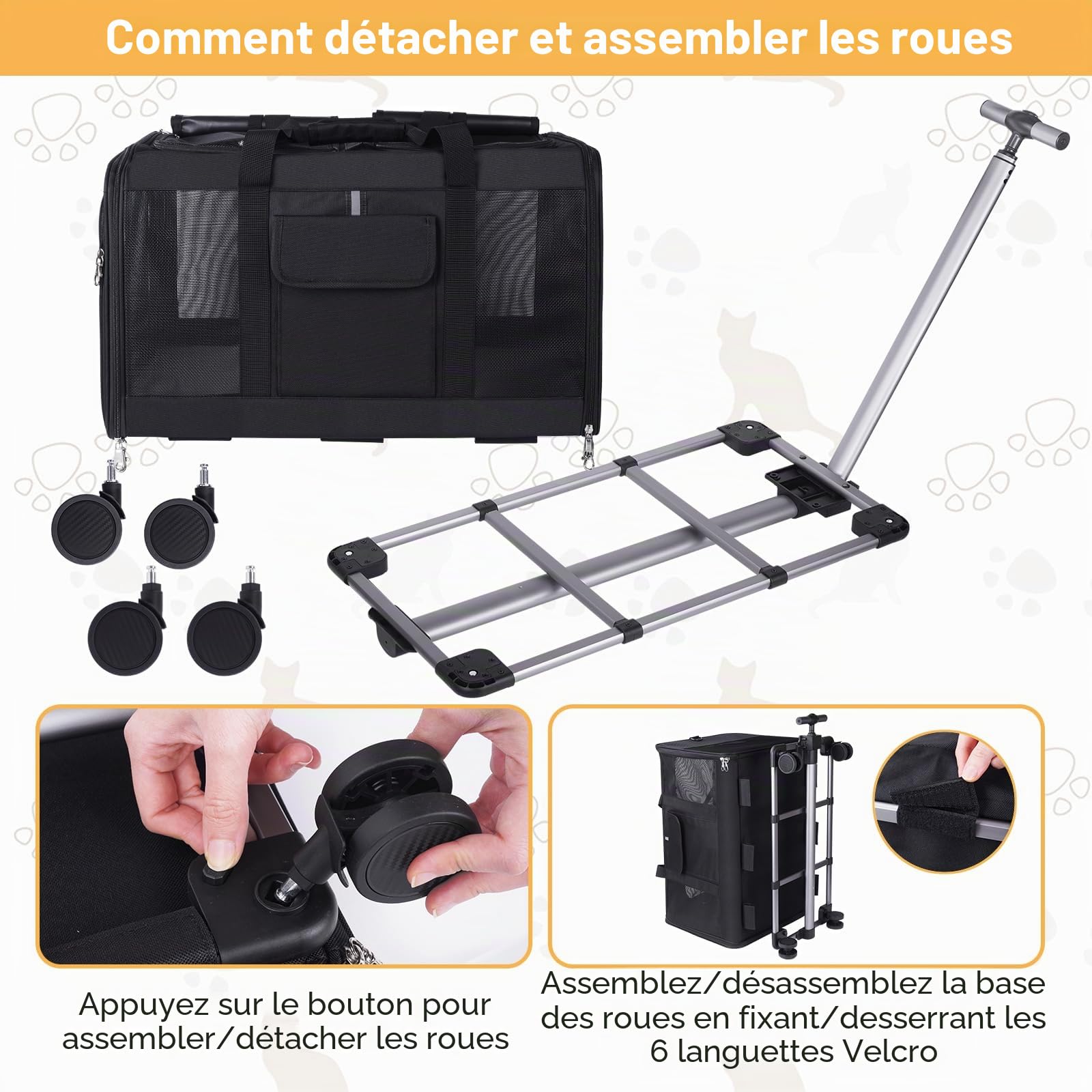 Sac de Transport Portable Double Compartiment pour Animaux à roulettes, Chariot de Voyage avec Poignée et Poches Rangement, Respirant et Confortable, avec Accessoires Bonus - Noir