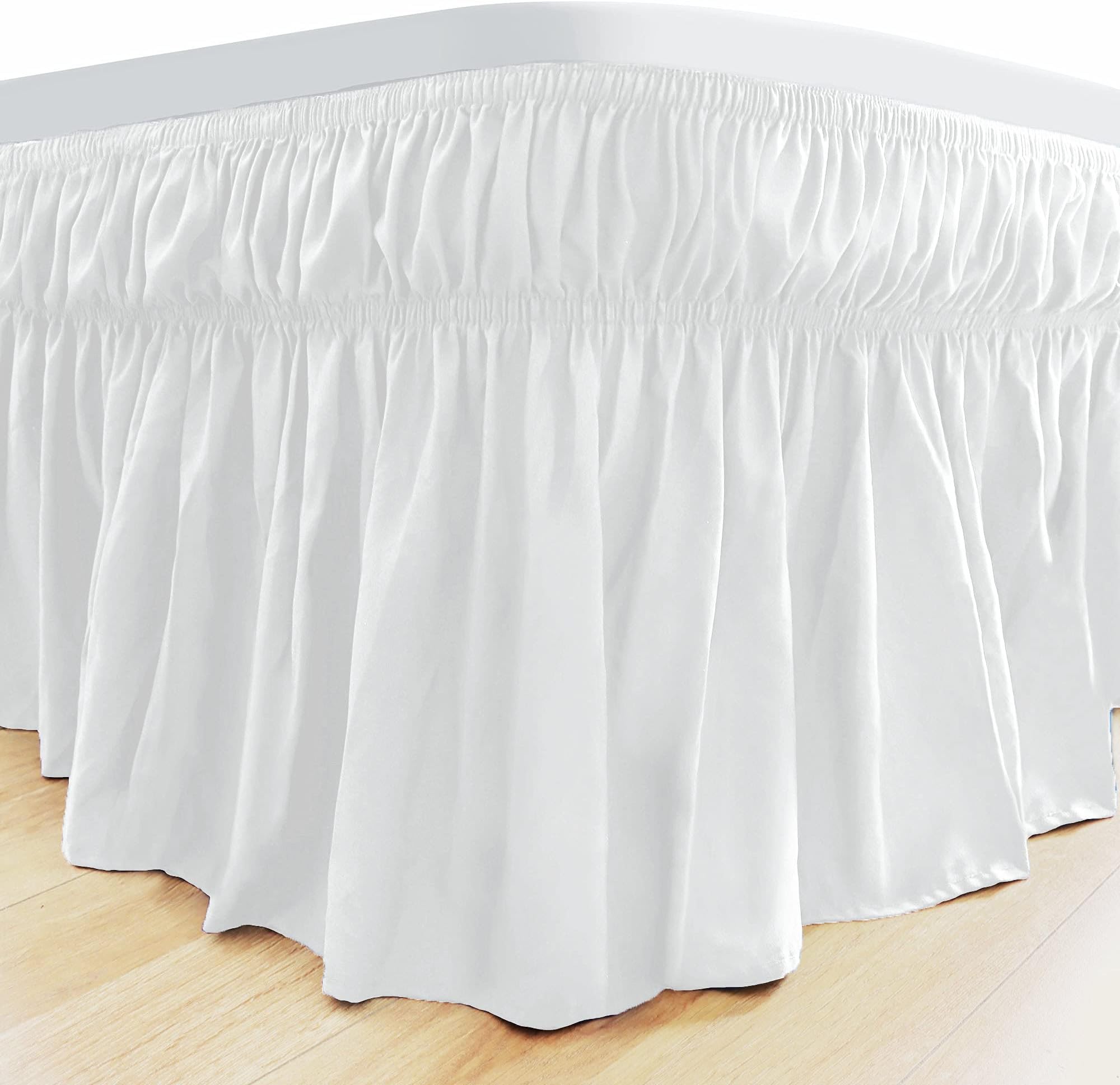 Grand Linen 15" inch Fall Wrap Around White Ruffled Elastic Solid Bed Skirt Fits