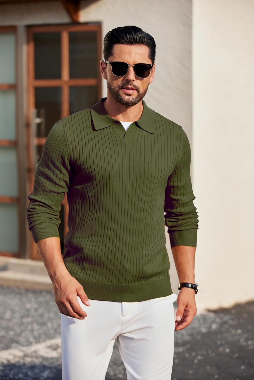 COOFANDY Knit Polos for Men Long Sleeve Sweater Polo V Neck Collared Sweater Golf Polo Sweaters Army Green - Image 4