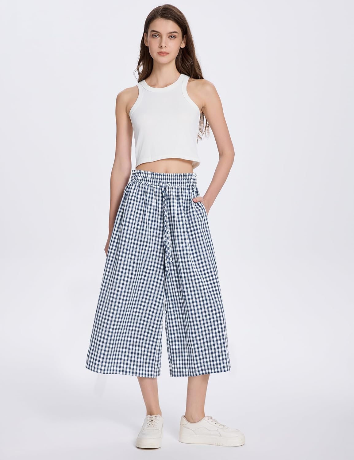 Rapbin Wide Leg Capri Pants for Women Gingham Striped Culottes Flowy Elastic Waist Cropped Palazzo Pants with Pockets - Image 4