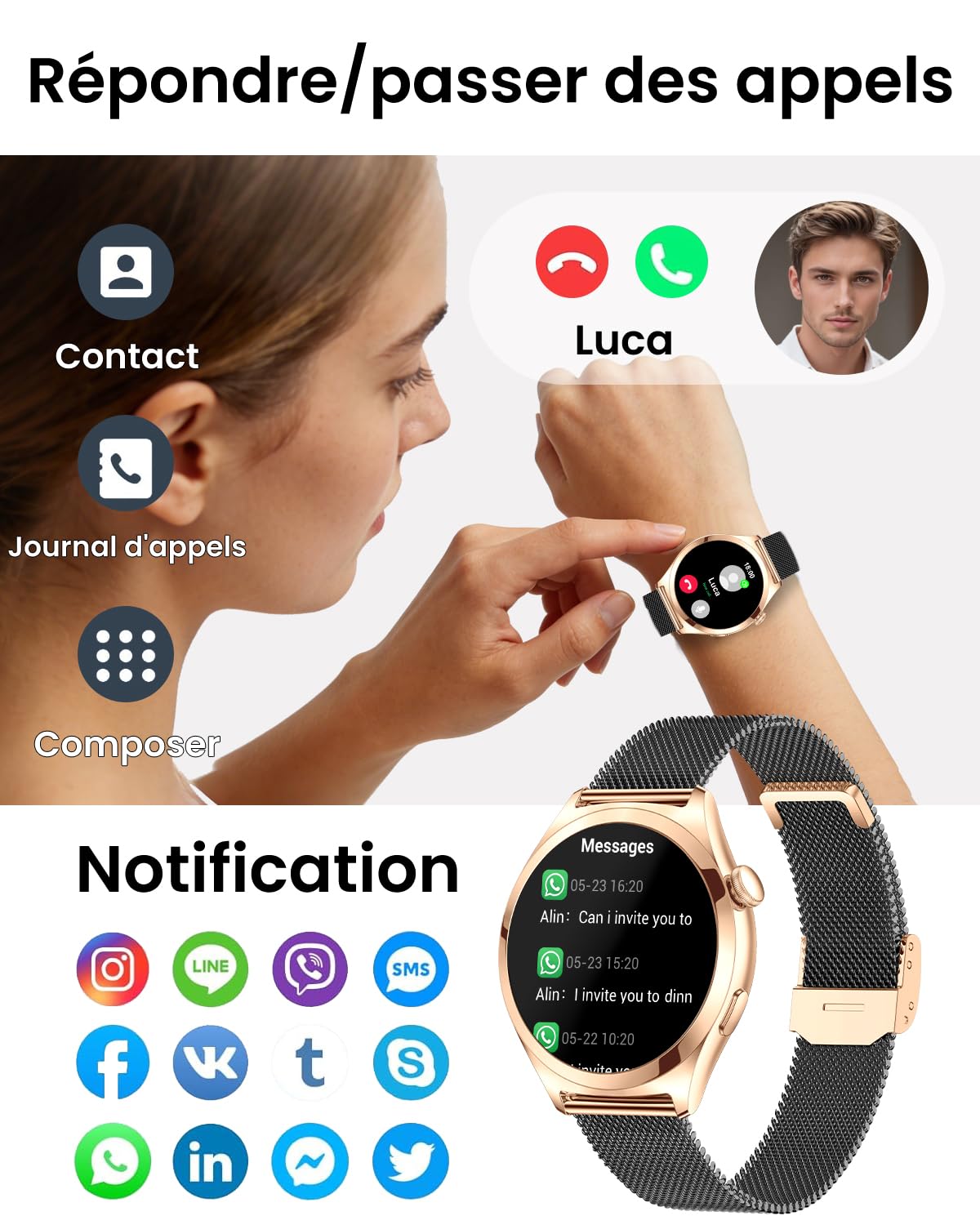 Montre Connectée Femme avec Appel Bluetooth, 1,27" HD Montre Fitness Femme, Fréquence Cardiaque SpO2 Suivi du Sommeil, Étanche IP68, 120+ Modes Sport, Fitness Tracker iOS Android (Or Noir)