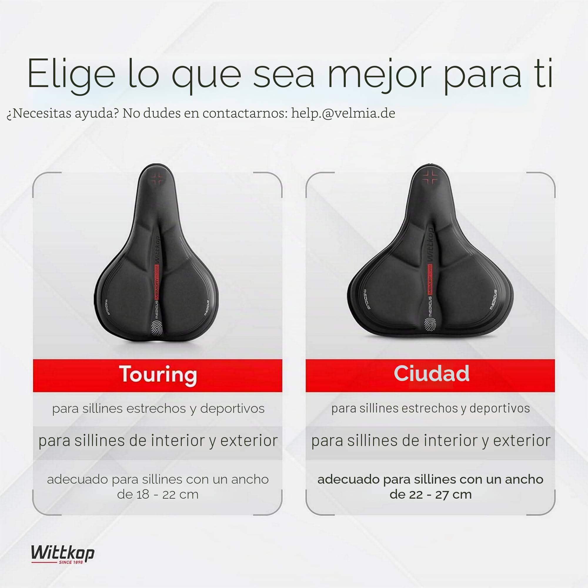 WITTKOP Cojín para asiento de bicicleta con cojín de gel y espuma viscoelástica, funda ergonómica para asiento de bicicleta para hombre y mujer con concepto de 3 zonas, cómoda funda para sillín de